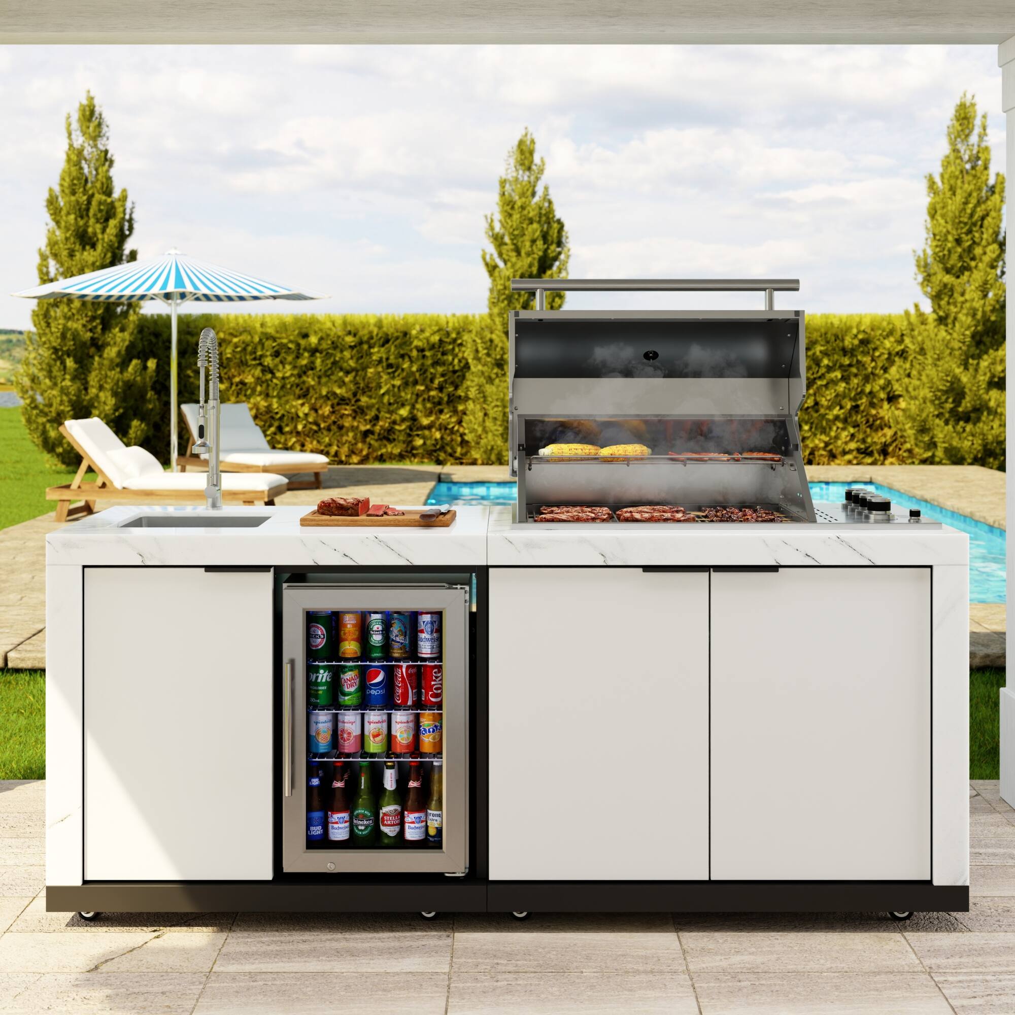 Left. Koolmore - Outdoor Kitchen Suite With White Rock Beam Countertop, 4 Burner Grill, Refrigerator, Cabinet and Stainless Steel Sink - White.