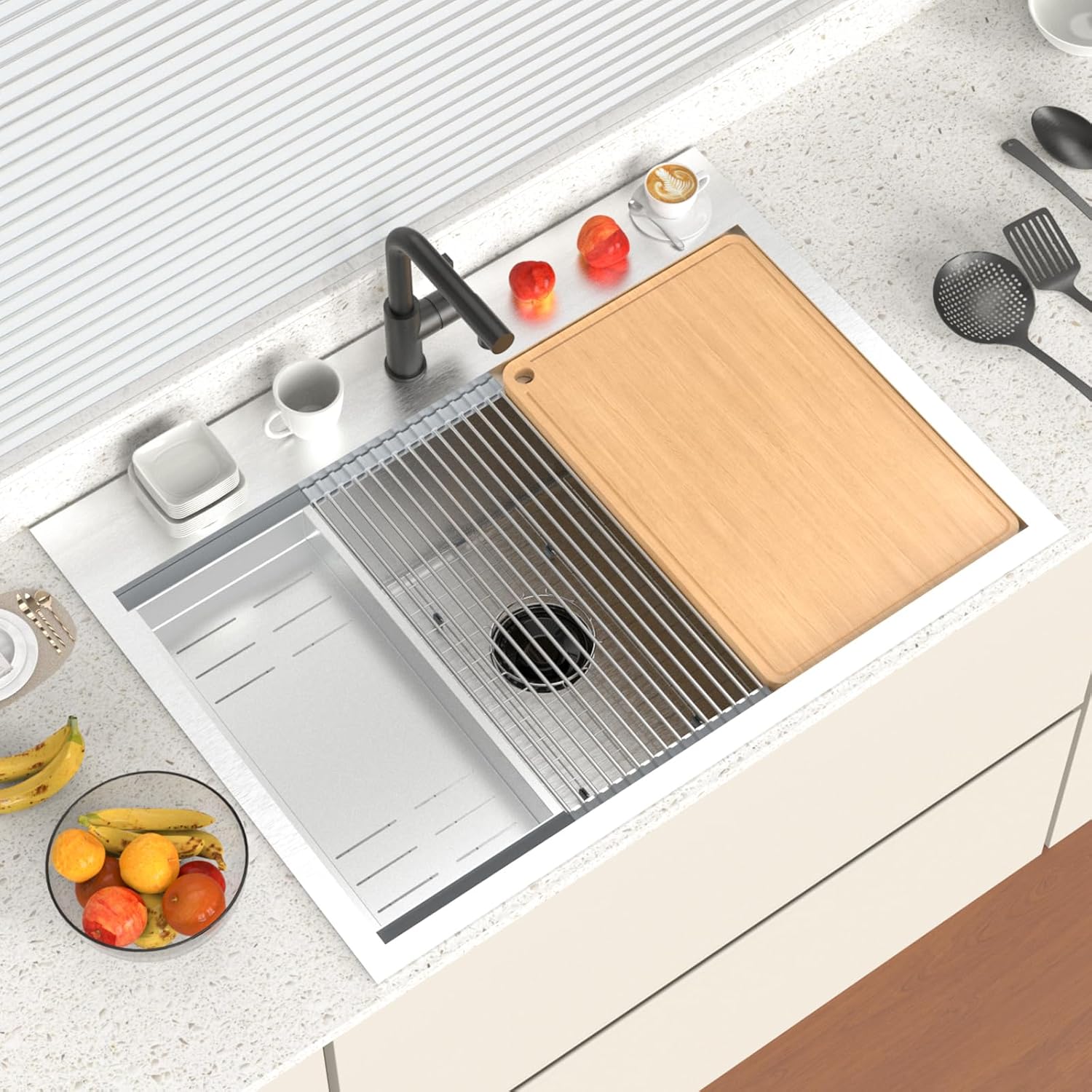 Left. Winado - 30"L x 22"W x 9"H Top Mount Kitchen Sink with Cutting Board and Drying Rack for Food Prep Area & Kitchen Dishwashing Use - Silver.