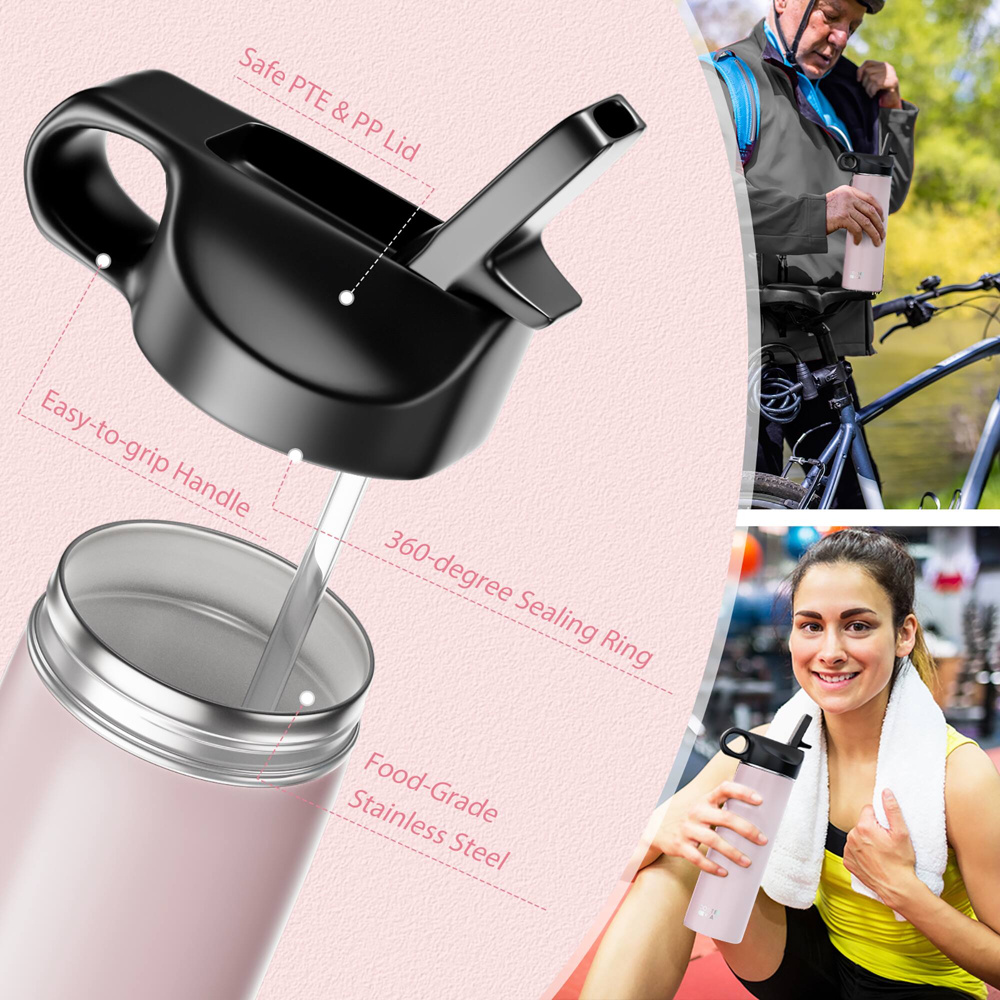 Safe PTE & PP Lid  
Easy-to-grip Handle  
360-degree Sealing Ring  
Food-Grade Stainless Steel