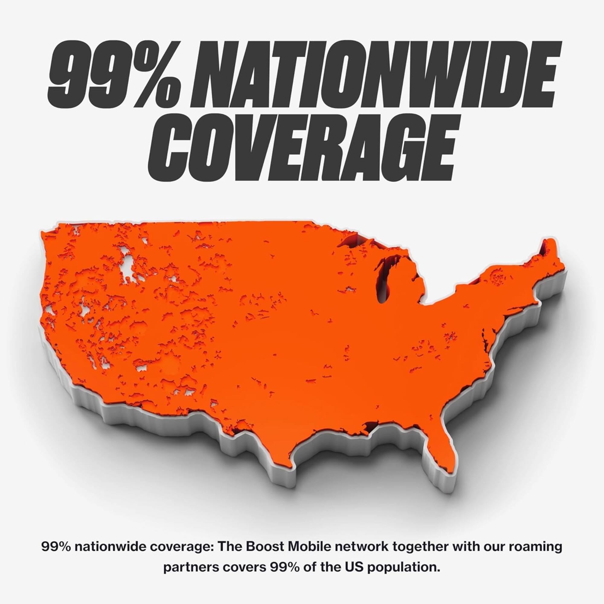 99% Nationwide Coverage

99% nationwide coverage: The Boost Mobile network together with our roaming partners covers 99% of the US population.