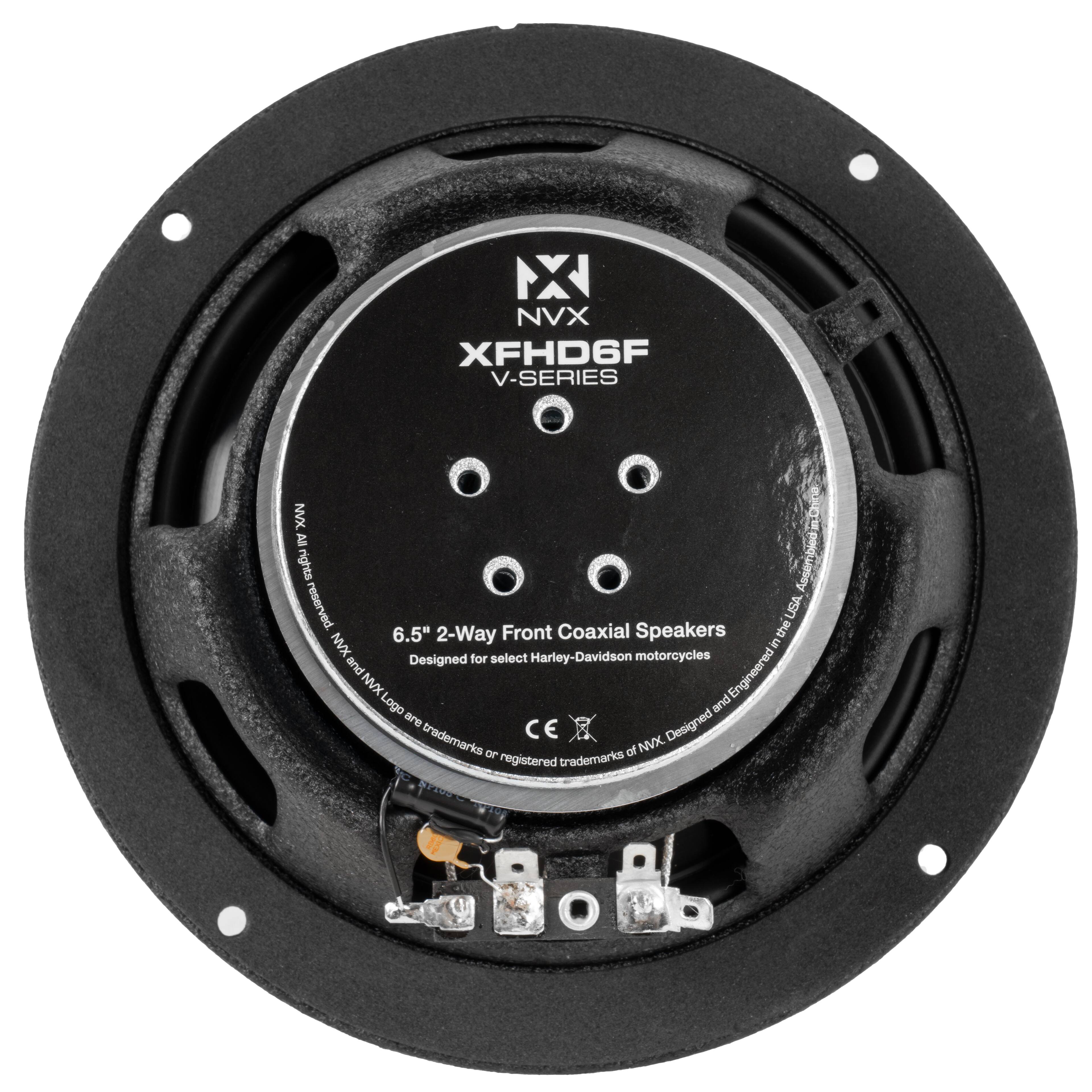 NX NVX XFHD6F V-SERIES NVX  
All rights reserved USA  
6.5" 2-Way Front Coaxial Speakers  
Designed for select Harley-Davidson motorcycles  
Engineered and Engineered trademarks CE or of NVX registered trademarks  
NX and NVX logo are trademarks or registered trademarks