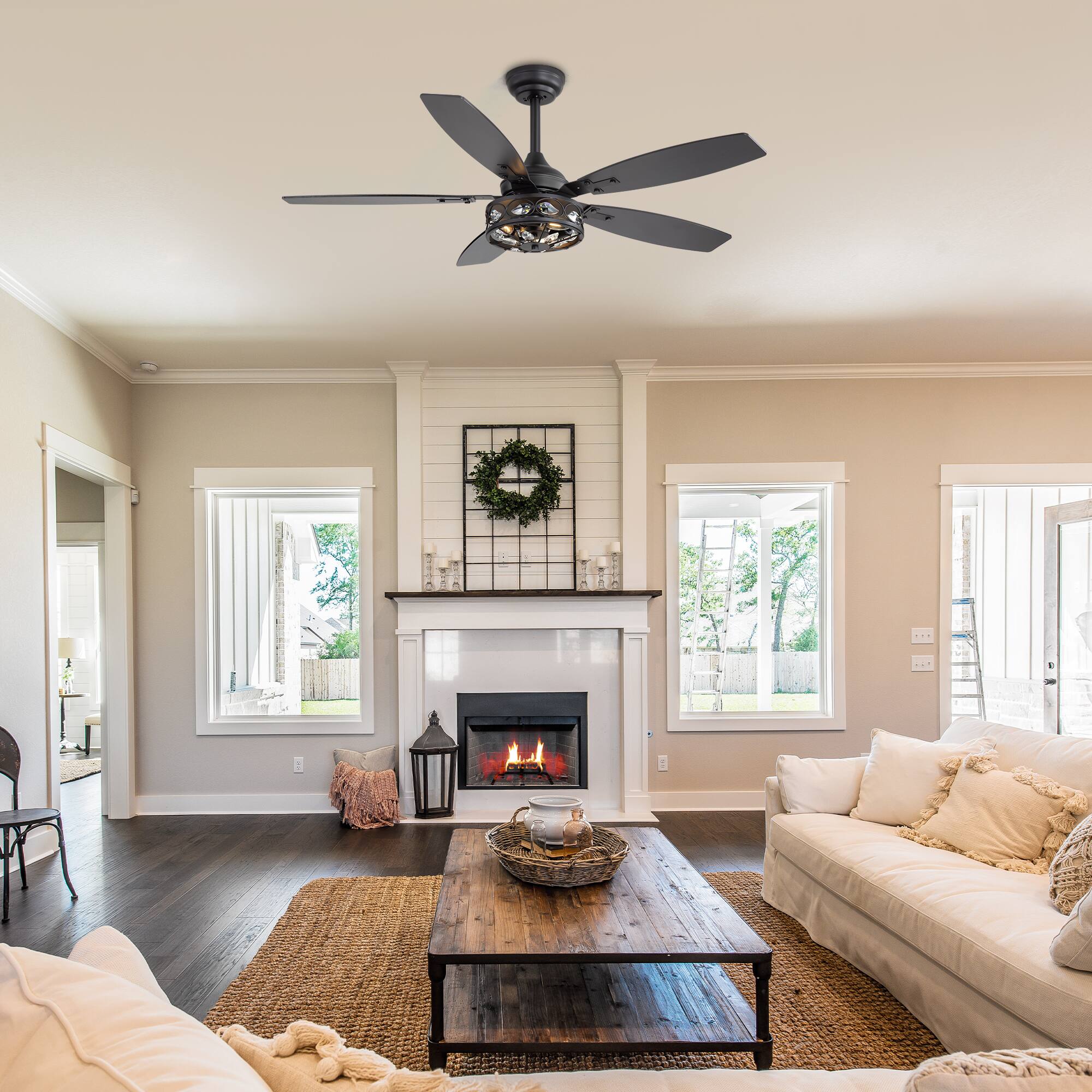 Alt View 2. Breezary - Breezary 48" Industrial Ceiling Fan with 5 Dual-Finish Plywood Blades,  6 Speeds, DC Motor, Remote Control with Timer - Matte Black and Dark Wood Grain.