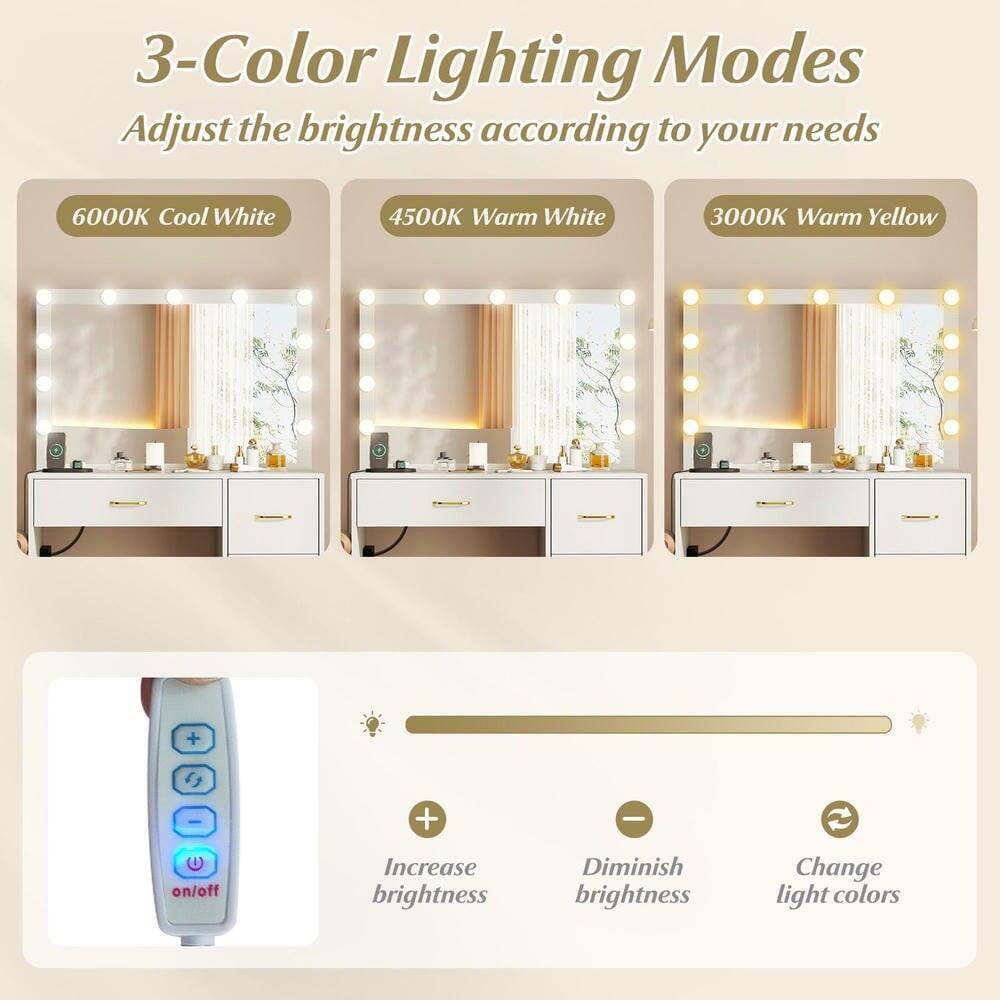 3-Color Lighting Modes  
Adjust the brightness according to your needs  

6000K Cool White  
4500K Warm White  
3000K Warm Yellow  

+ Increase brightness  
- Diminish brightness  
Change light colors