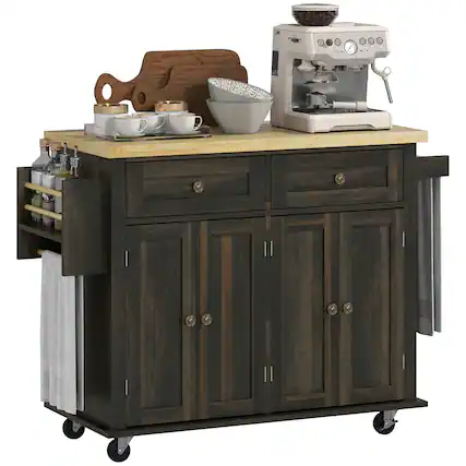 Front. Homcom - Kitchen Island on Wheels, Rolling Cart with Rubberwood Top, Spice Rack, Towel Rack and Drawers for Dining Room - Brown Oak.