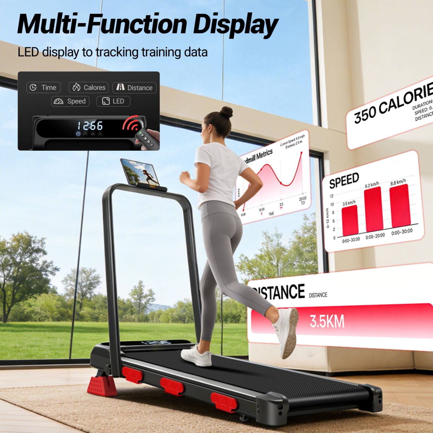 Multi-Function Display  
LED display to tracking training data  

- Time  
- Calories  
- Distance  
- Speed  
- LED  

12:56  

350 CALORIE  
DURATION: 0:00-30:00  
SPEED: 6.2 km/h, 8.8 km/h  
DISTANCE: 3.5KM