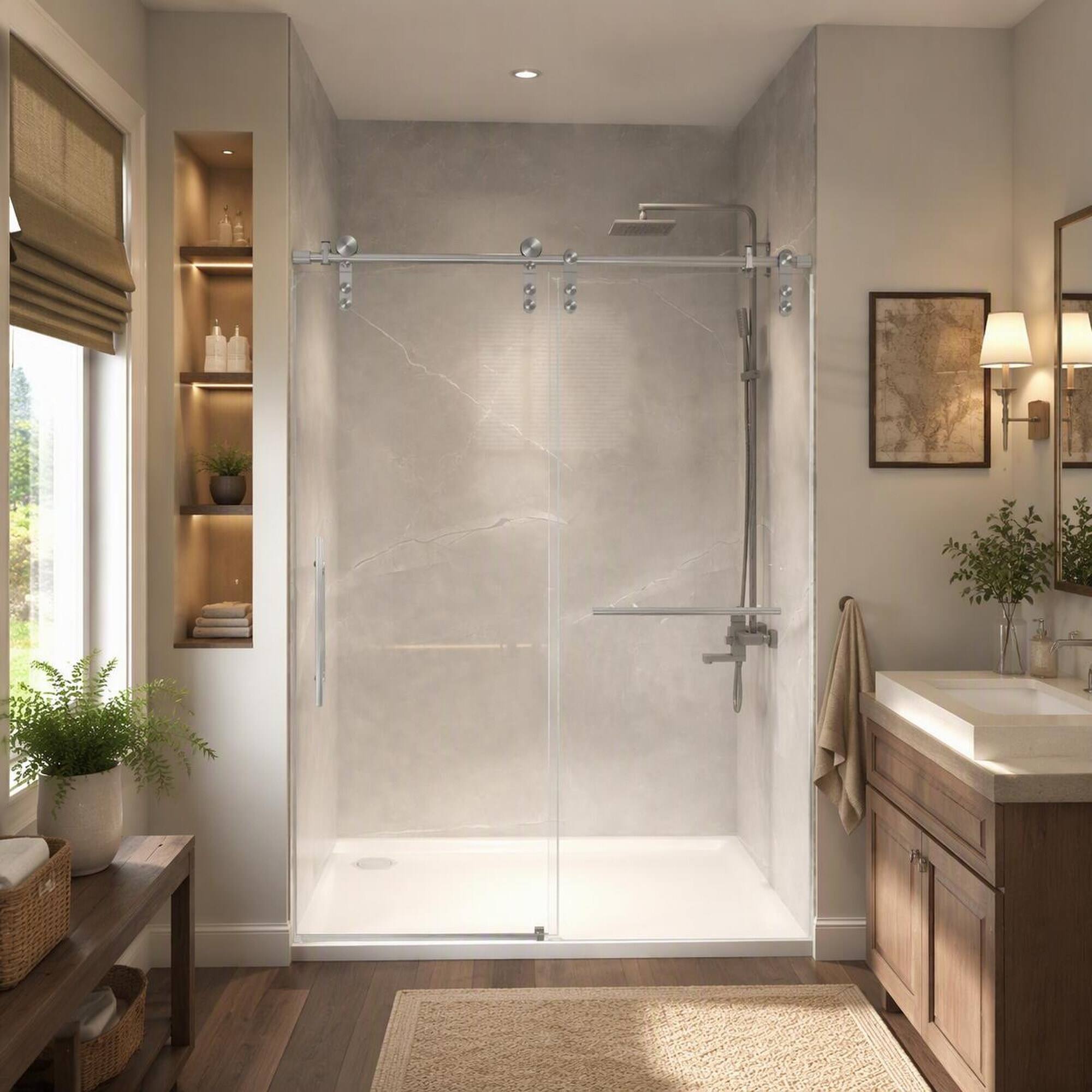 Angle. RYHNUYNE - 50-54 In X 76 In H Frameless Sliding Shower Door, 5/16 In Clear Tempered Glass Brushed Nickel Finish - Brushed Nickel.