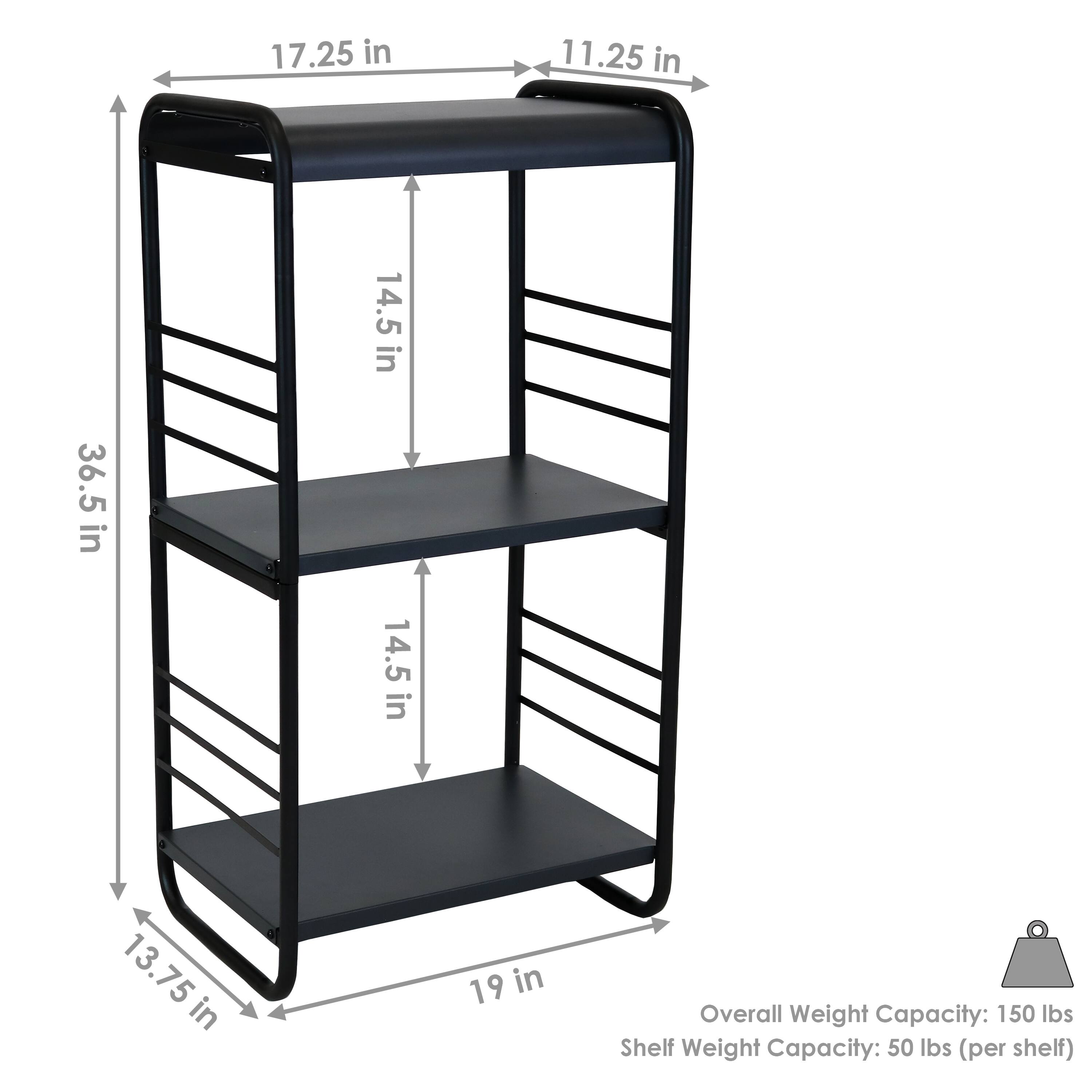 17.25 in  
11.25 in  
36.5 in  
14.5 in  
14.5 in  
13.75 in  
19 in  

Overall Weight Capacity: 150 lbs  
Shelf Weight Capacity: 50 lbs (per shelf)