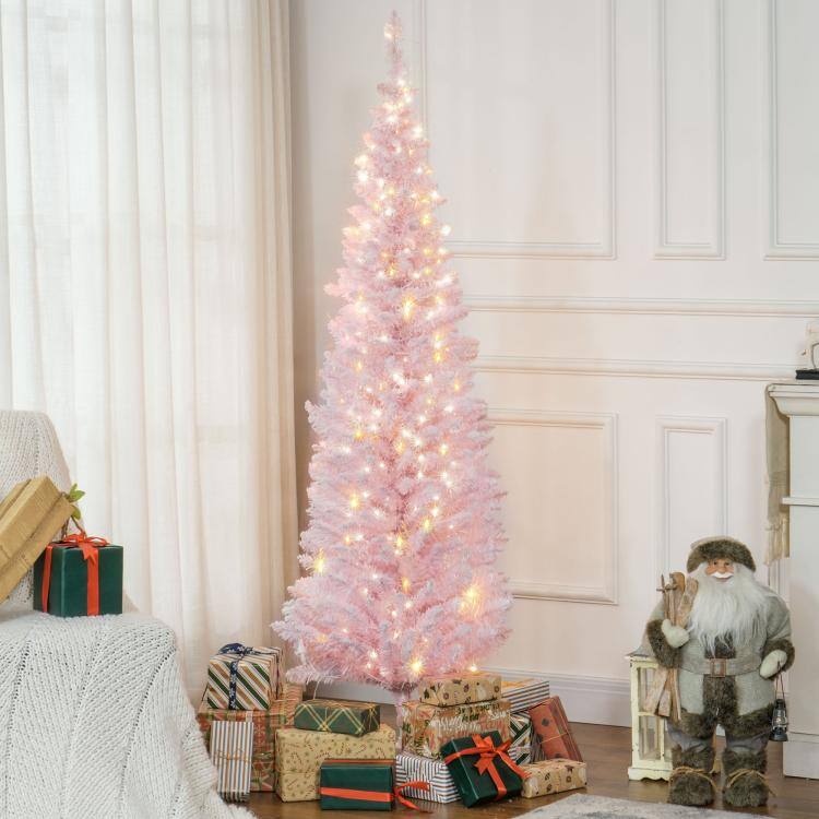 Alt View 2. PULUZ - 6ft Pencil Christmas Tree, Slim Artificial Christmas Tree with Realistic Branches and Warm White LED Lights - Pink.