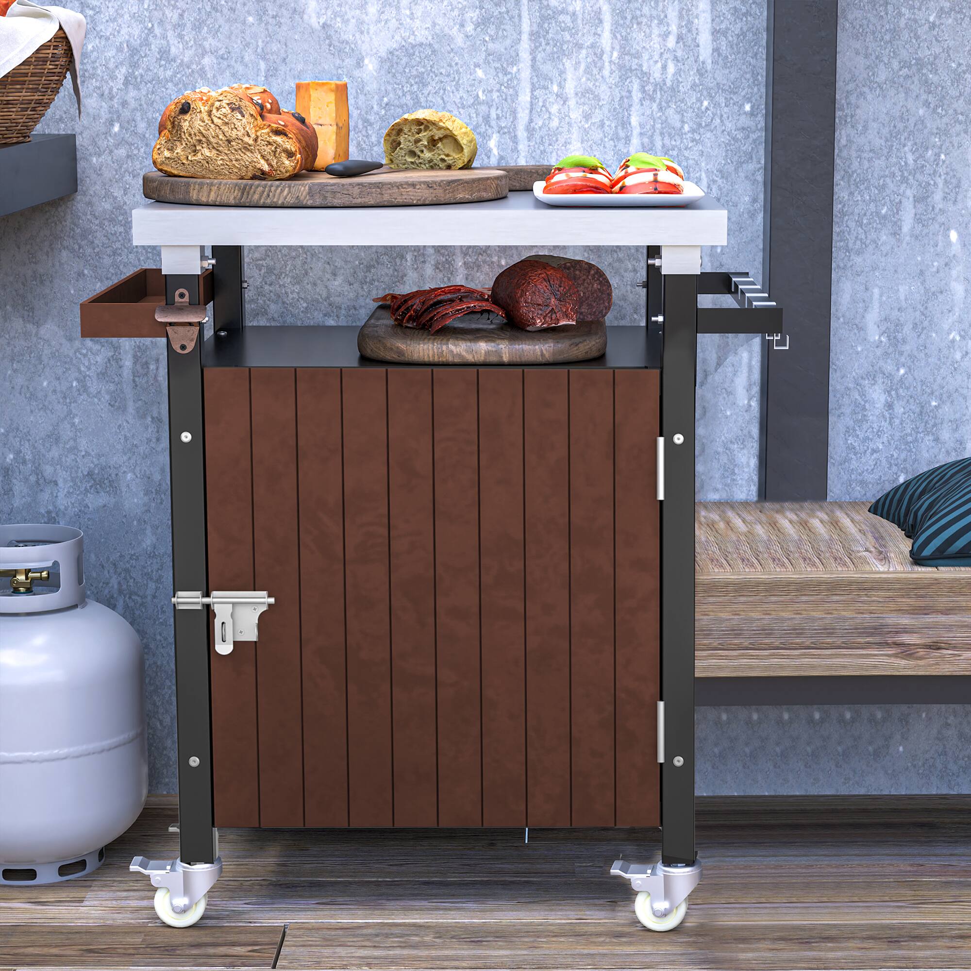 Front. APRILSOUL - Outdoor Grill Cart with Stainless Steel Tabletop Storage Wheels Hooks and Spice Rack Waterproof Movable BBQ Serving Cart - Brown.