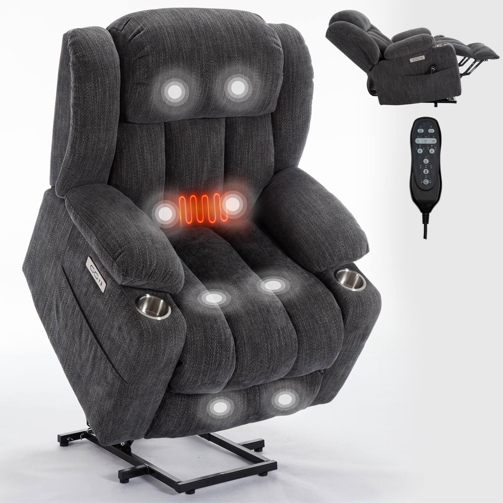 Alt View 7. LUCKY ONE - Chenille Power Lift Recliner Chair with Massage and Heat, USB and Type C Ports, 2 Steel Cup Holders for Elderly - Dark Grey.