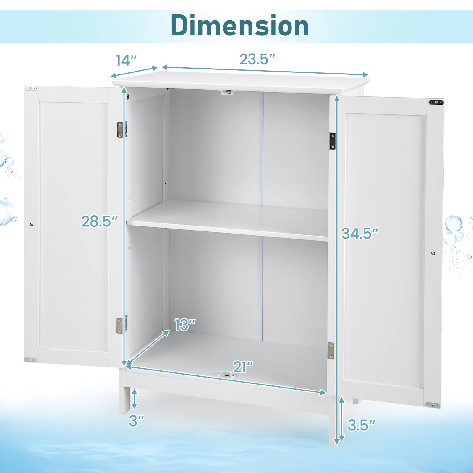 Dimension: 14", 23.5", 28.5", 34.5", 13", 21", 3", 3.5"