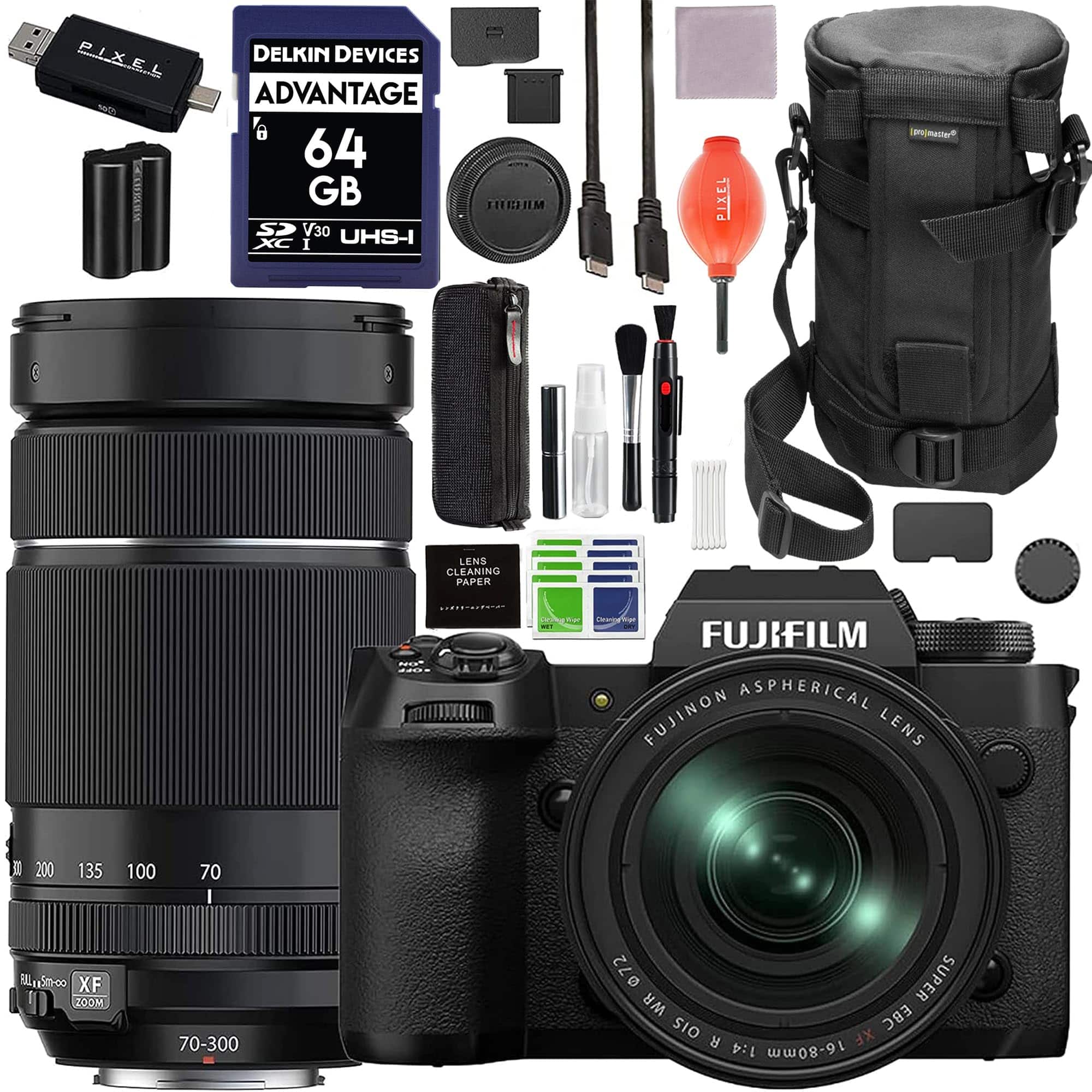 Fujifilm - X-H2 Mirrorless Camera & XF16-80mm Lens & Fuji XF 70-300MM f/4.5-5.6 R LM OIS Lens Black w/ Accessories Bundle