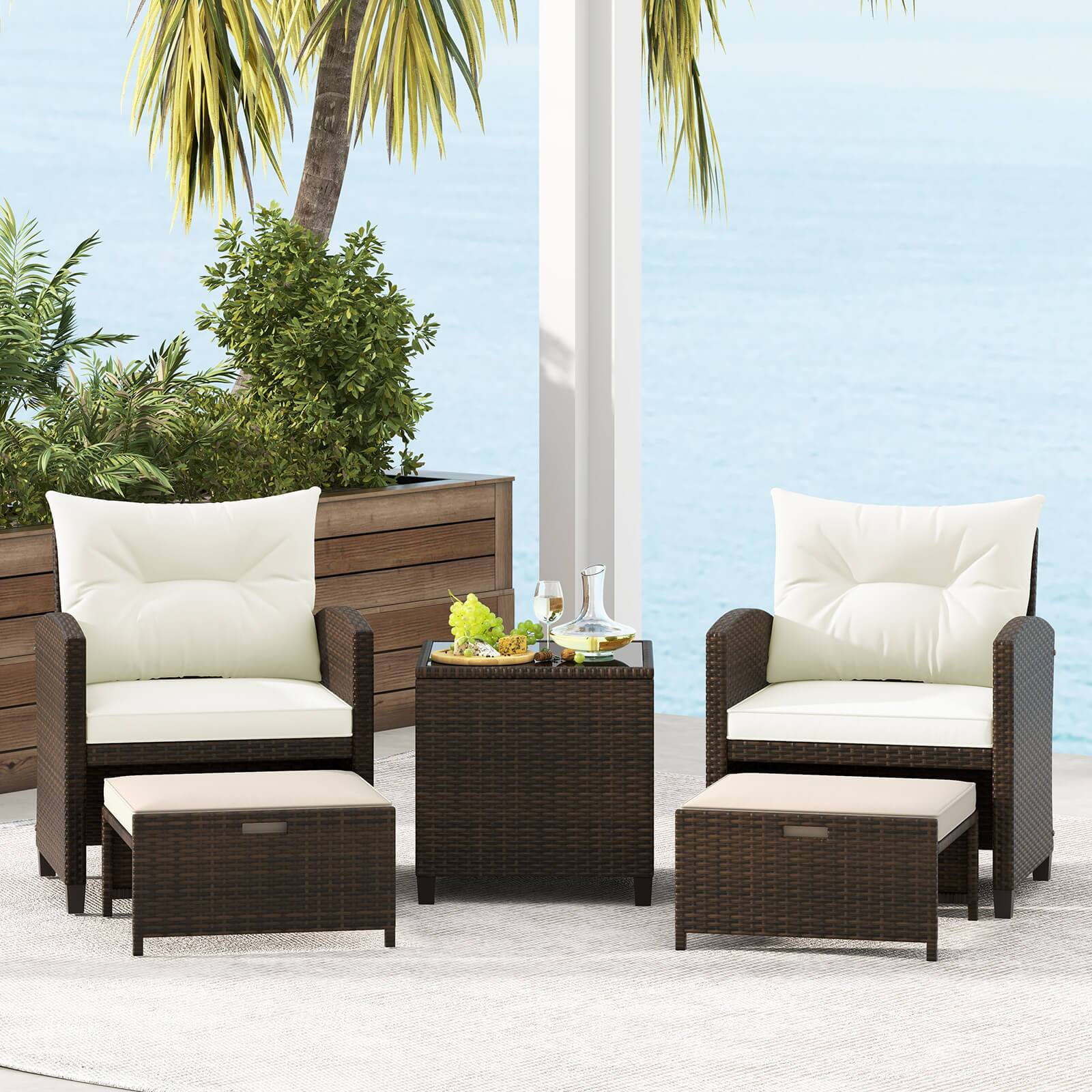 Alt View 4. Costway - 5 Piece Patio Rattan Furniture with 2 Ottomans & Tempered Glass Coffee Table - Off White + Mix Brown.