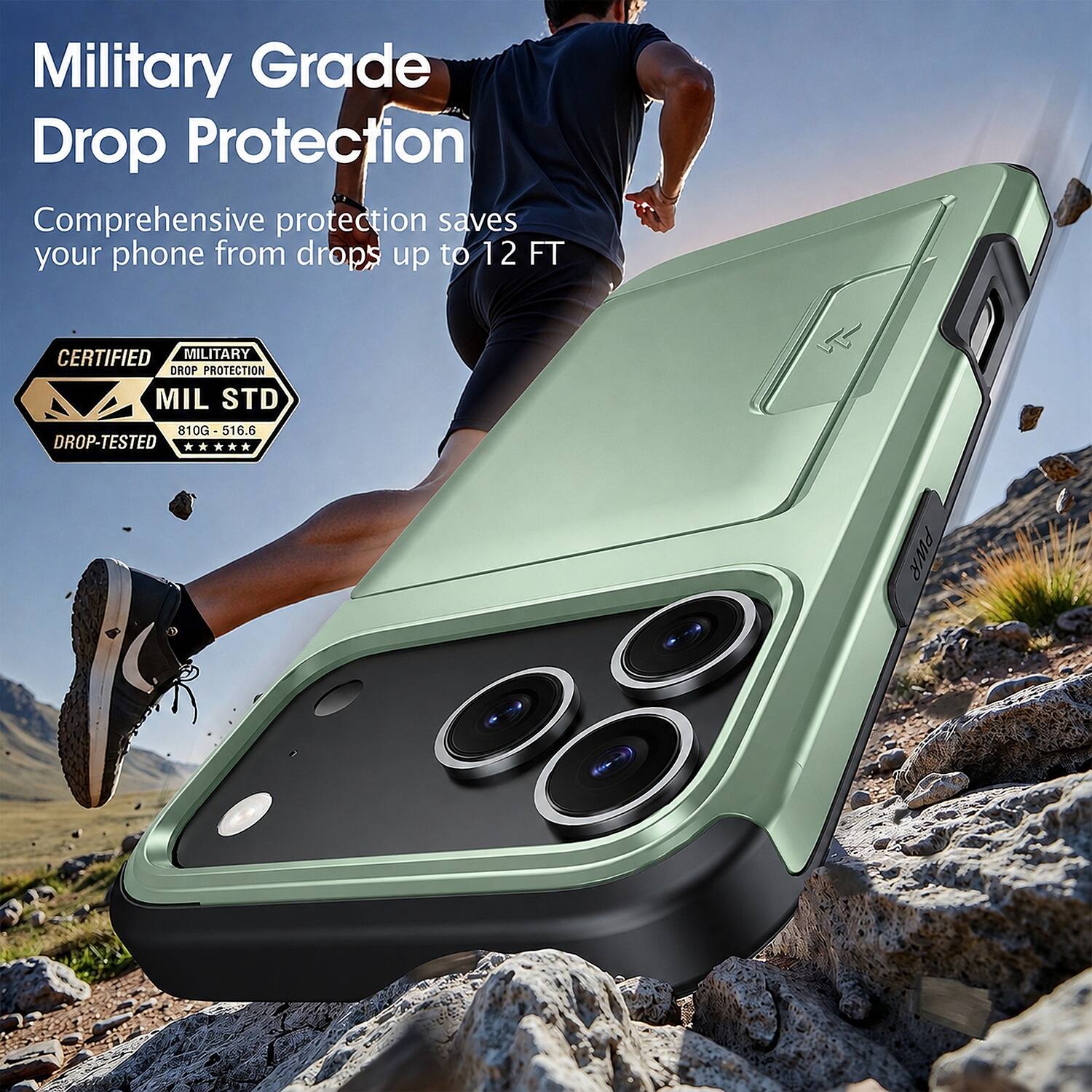 Military Grade Drop Protection  
Comprehensive protection saves your phone from drops up to 12 FT  

CERTIFIED MILITARY DROP PROTECTION  
MIL STD 810G - 516.6 DROP-TESTED