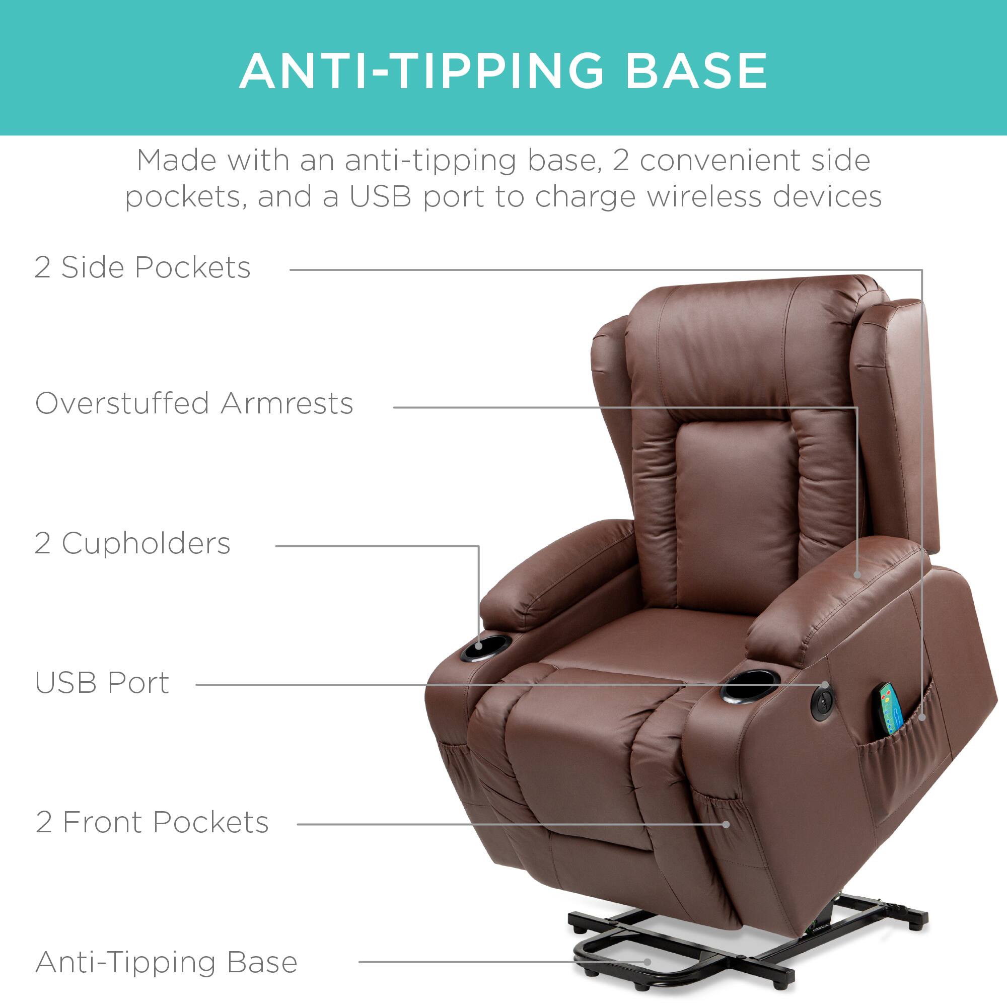 ANTI-TIPPING BASE

Made with an anti-tipping base, 2 convenient side pockets, and a USB port to charge wireless devices

- 2 Side Pockets
- Overstuffed Armrests
- 2 Cupholders
- USB Port
- 2 Front Pockets
- Anti-Tipping Base