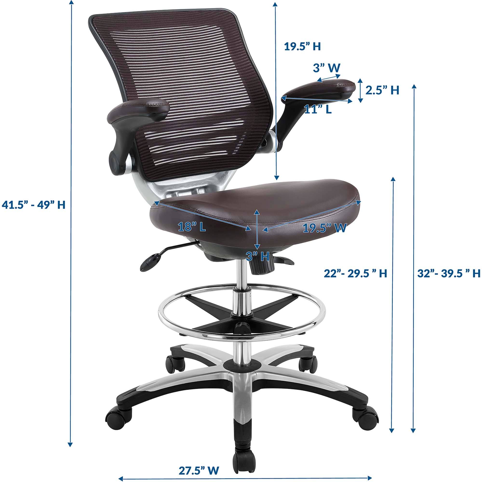 - Height: 41.5" - 49"
- Width: 27.5"
- Depth: 18"
- Seat Height: 22" - 29.5"
- Back Height: 32" - 39.5"
- Seat Width: 19.5"
- Seat Depth: 11"
- Armrest Height: 2.5"
- Armrest Width: 3"
- Backrest Height: 19.5"