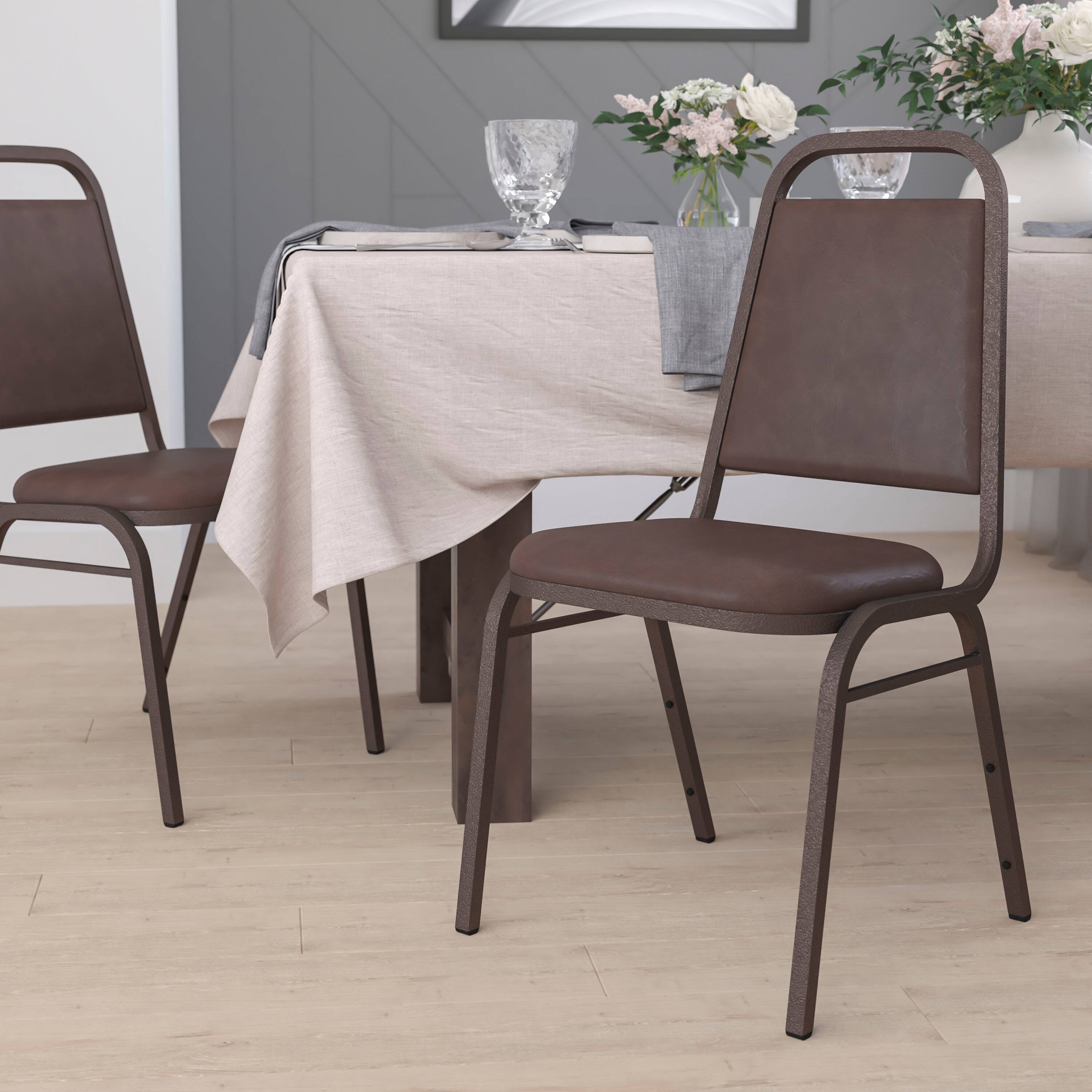 Alt View 1. Emma + Oliver - Trapezoidal Back Stacking Banquet Dining Chair - 1.5" Thick Seat - Brown Vinyl/Copper Vein Frame.