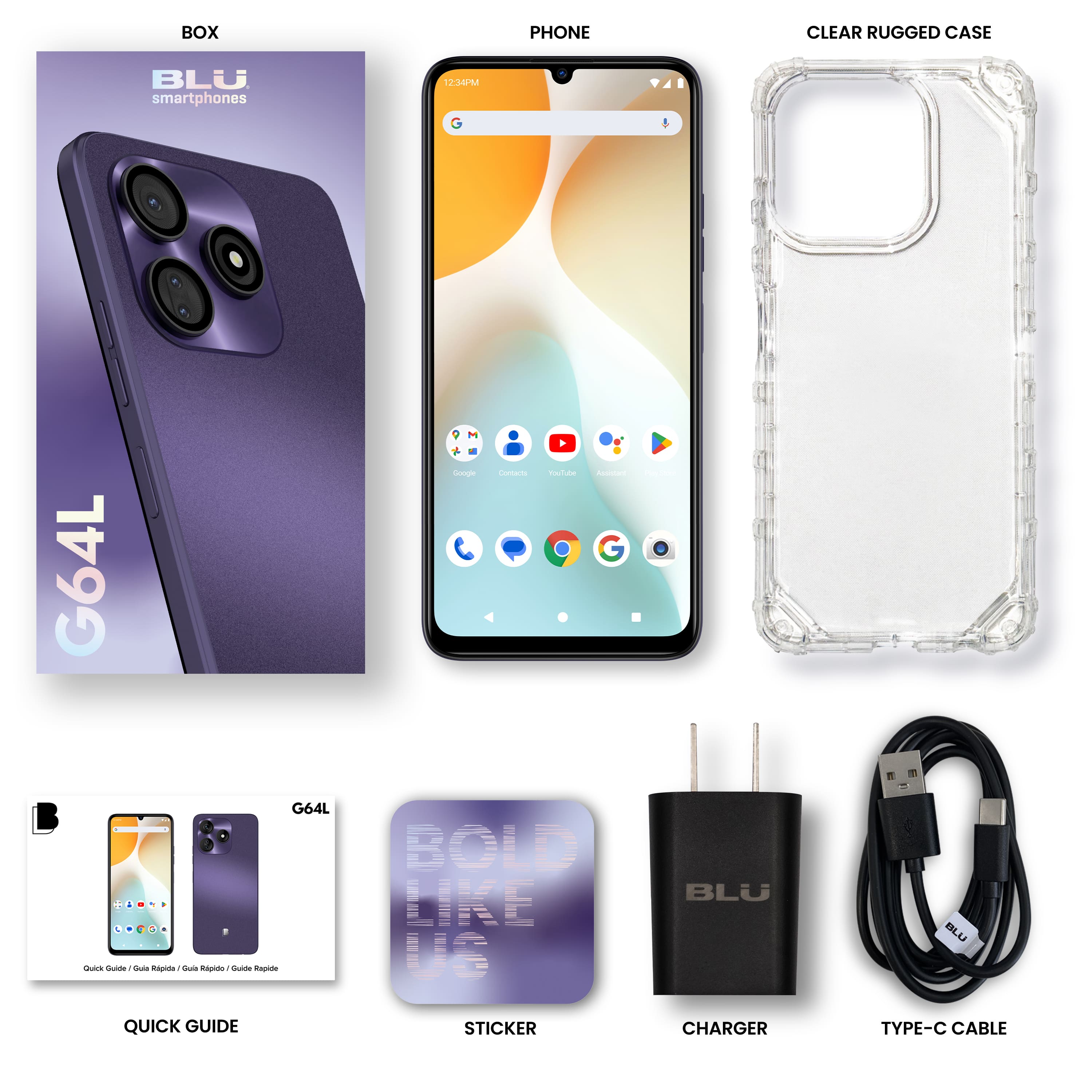 The image features a variety of products related to Blu smartphones. There is a clear rugged case for the phone, a charger with a Type-C cable, a quick guide sticker, and a box for the phone. The products are displayed in a visually appealing manner, showcasing the different accessories available for the Blu smartphones.
