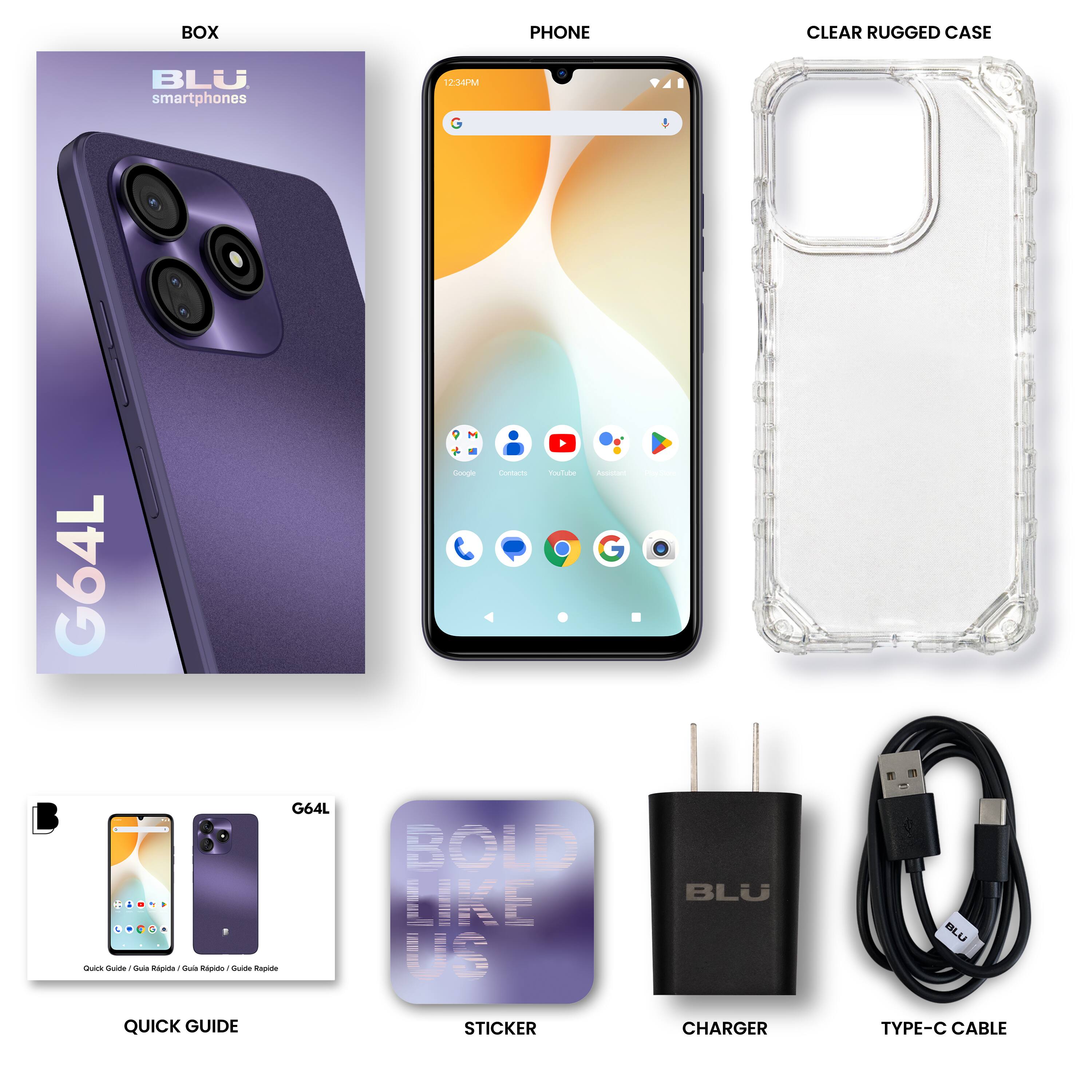 The image features a variety of products related to Blu smartphones. There is a clear rugged case for the phone, a charger with a Type-C cable, a quick guide sticker, and a box for the phone. The products are displayed in a visually appealing manner, showcasing the different accessories available for the Blu smartphones.