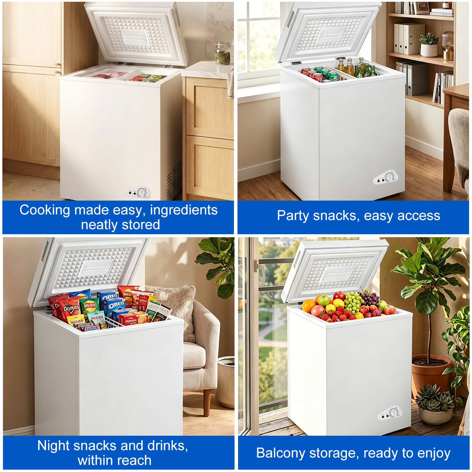 Cooking made easy, ingredients neatly stored  
Party snacks, easy access  
Night snacks and drinks, within reach  
Balcony storage, ready to enjoy