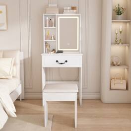 LUCKY ONE - Modern Mini Dressing Table w/ LED Mirror Hidden Storage & Padded Stool - White