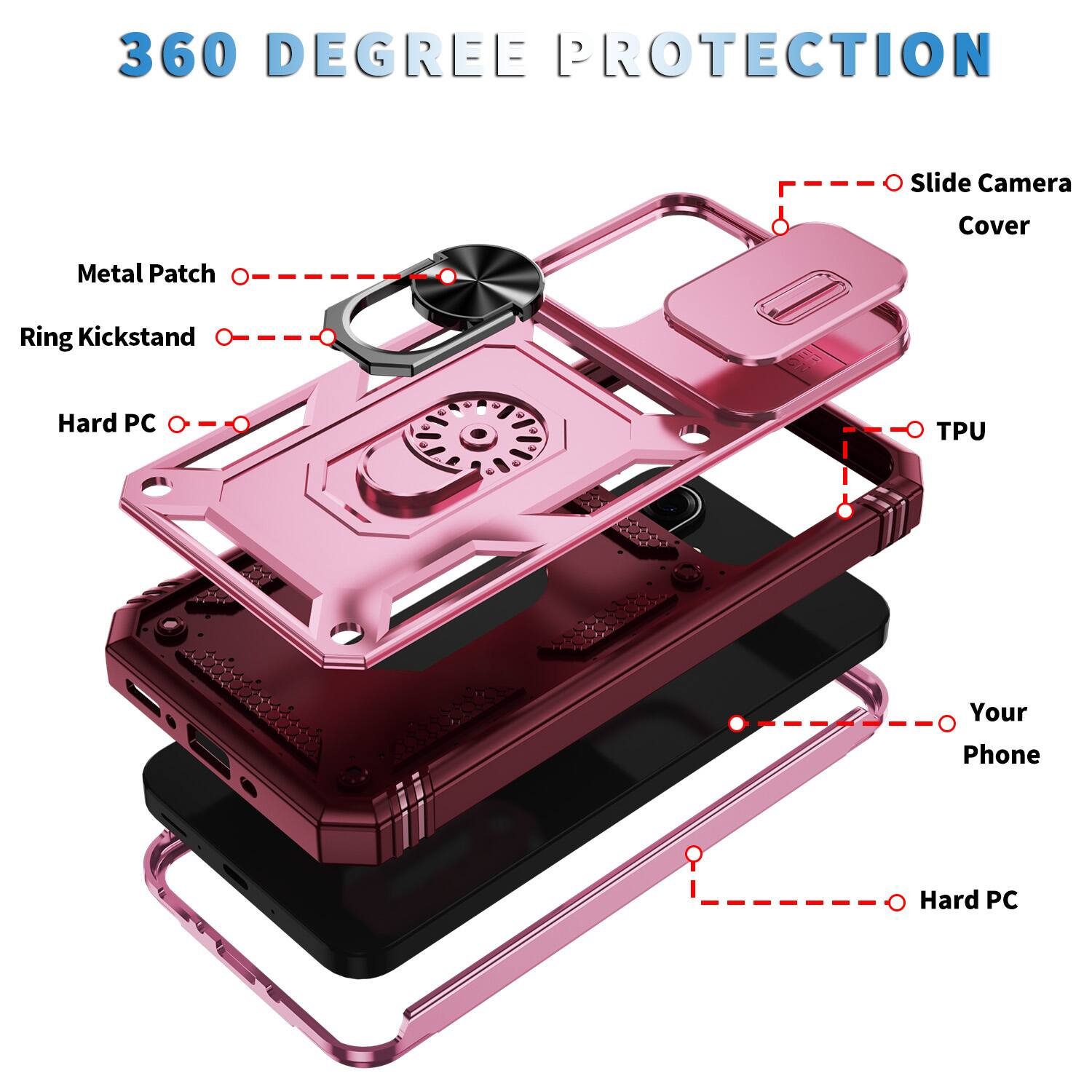 360 DEGREE PROTECTION

- Slide Camera Cover
- Metal Patch
- Ring Kickstand
- Hard PC
- TPU
- Your Phone
- Hard PC