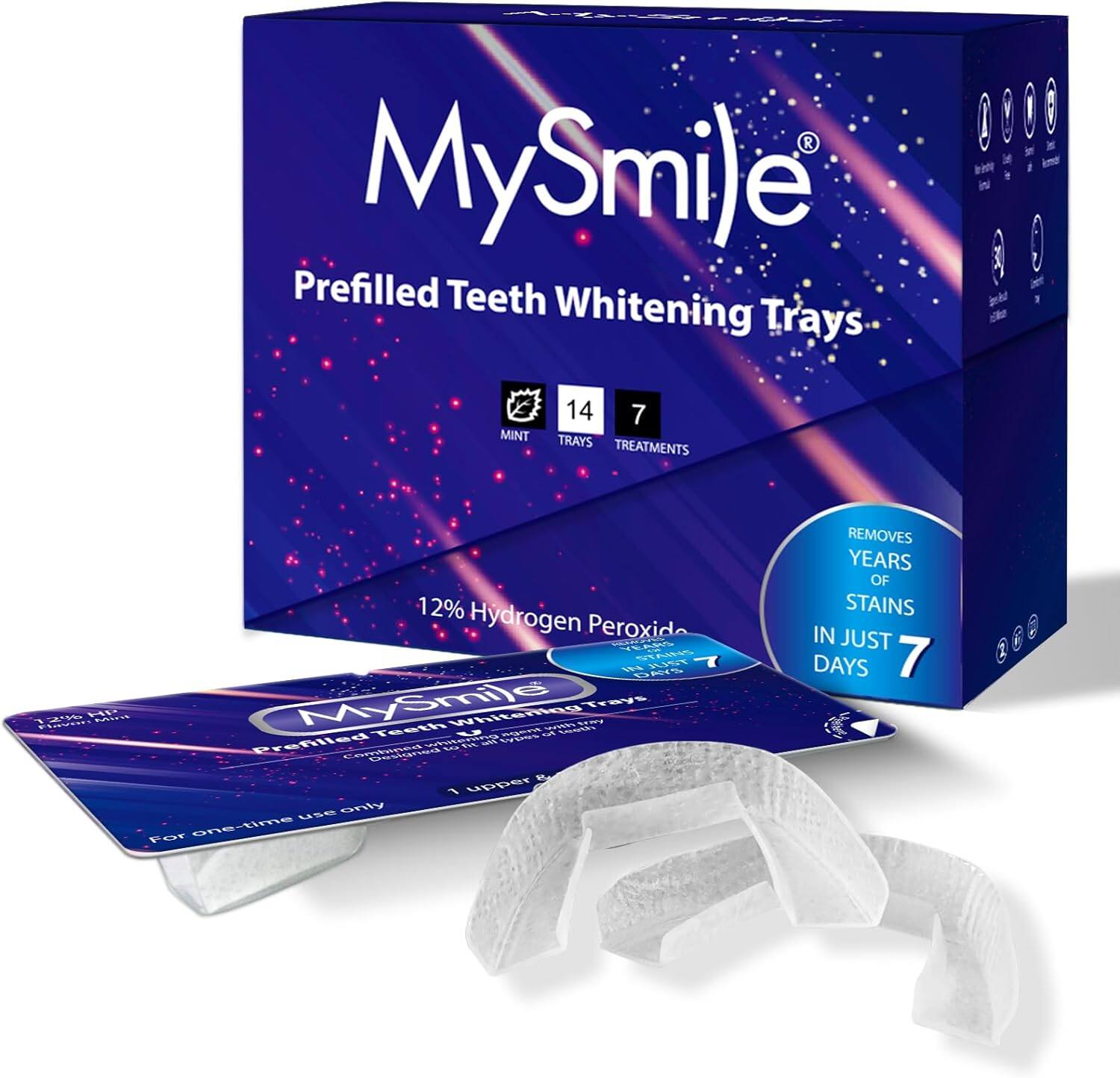 MySmile Prefilled Teeth Whitening Trays MINT 14 7 TRAYS TREATMENTS 12% Hydrogen Peroxide

REMOVES YEARS OF STAINS IN JUST 7 DAYS