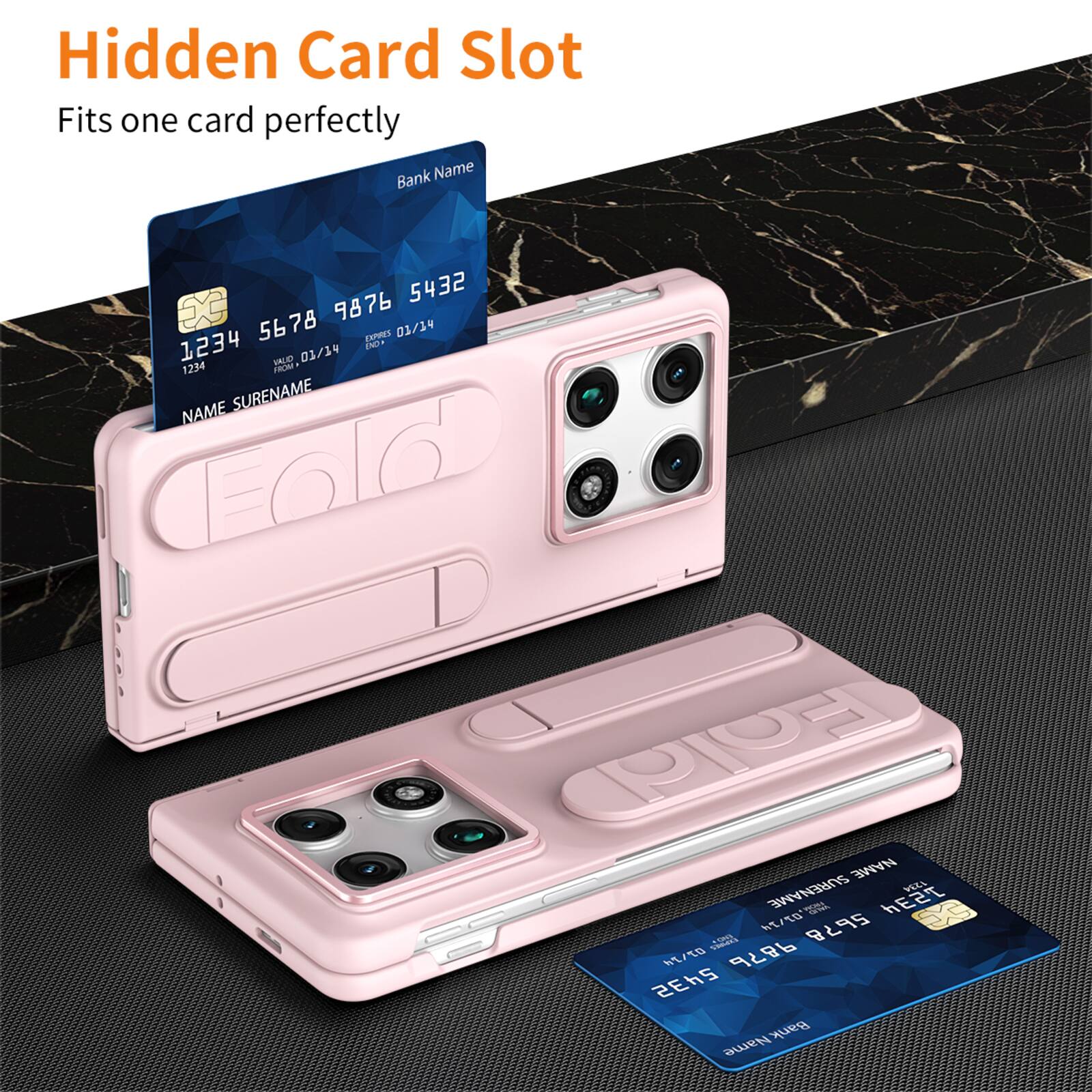 Hidden Card Slot  
Fits one card perfectly  

Bank Name  
1234 5678 9876 5432  
EXP 01/19  
1234  

NAME SURNAME  

Bank Name  
1234 5678 9876 5432  
EXP 01/14  
1234  

NAME SURNAME