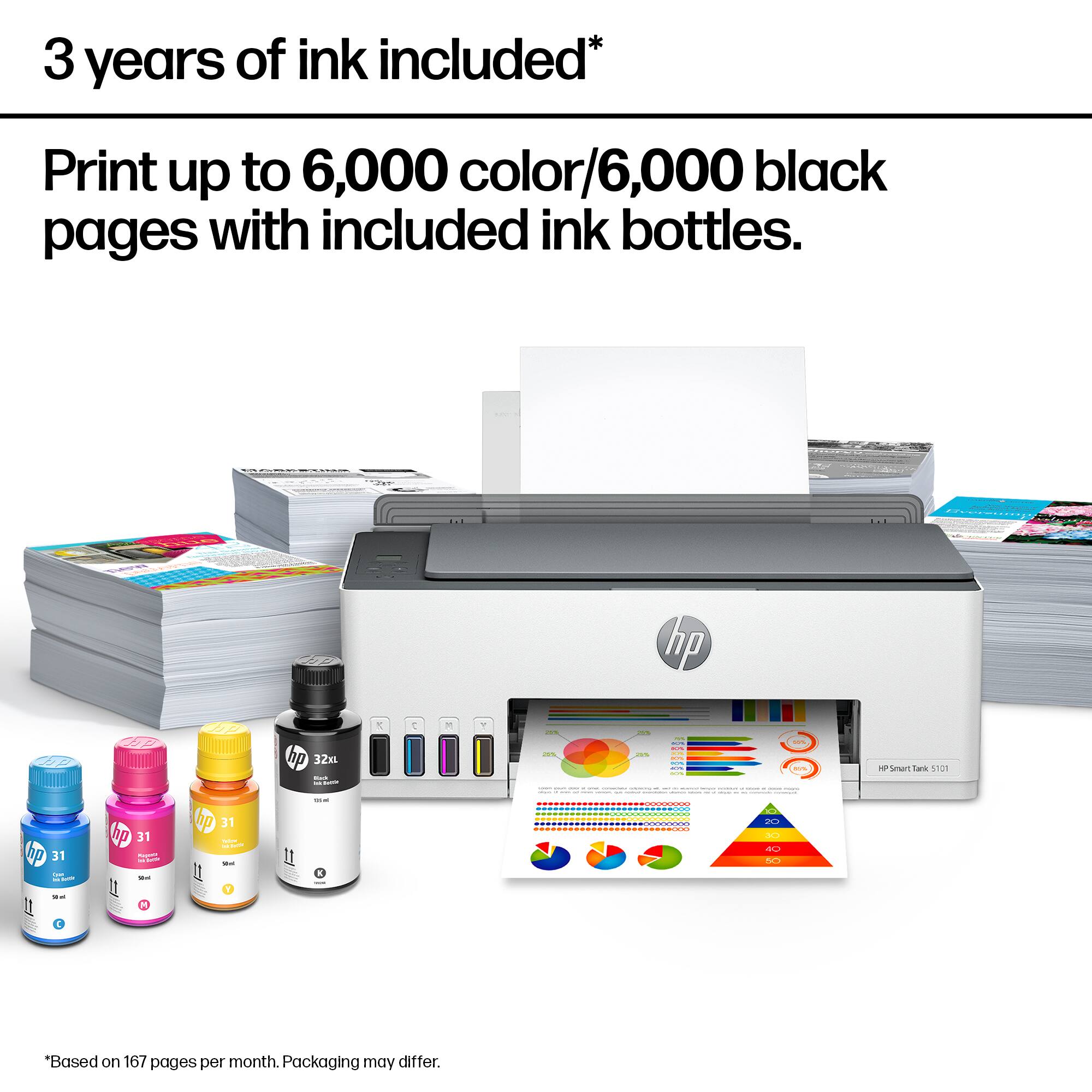 3 years of ink included*

Print up to 6,000 color/6,000 black pages with included ink bottles.

*Based on 167 pages per month. Packaging may differ.
