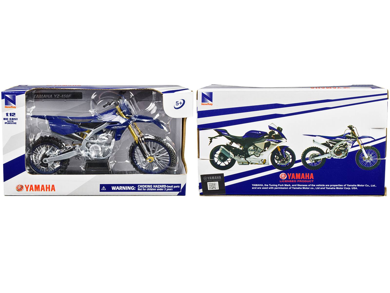 NewRay  
YAMAHA YZ-450F  
112 DIE-CAST PLASTIC  
5+  

WARNING: CHOKING HAZARD - Small parts. Not for children under 3 years.  

YAMAHA  
LICENSED PRODUCT  
The Tuning Fork Mark, and likeness of the vehicle are properties of Yamaha Motor Co., Ltd., and are used with permission of Yamaha Motor Co., Ltd. and Yamaha Motor Corp., USA.