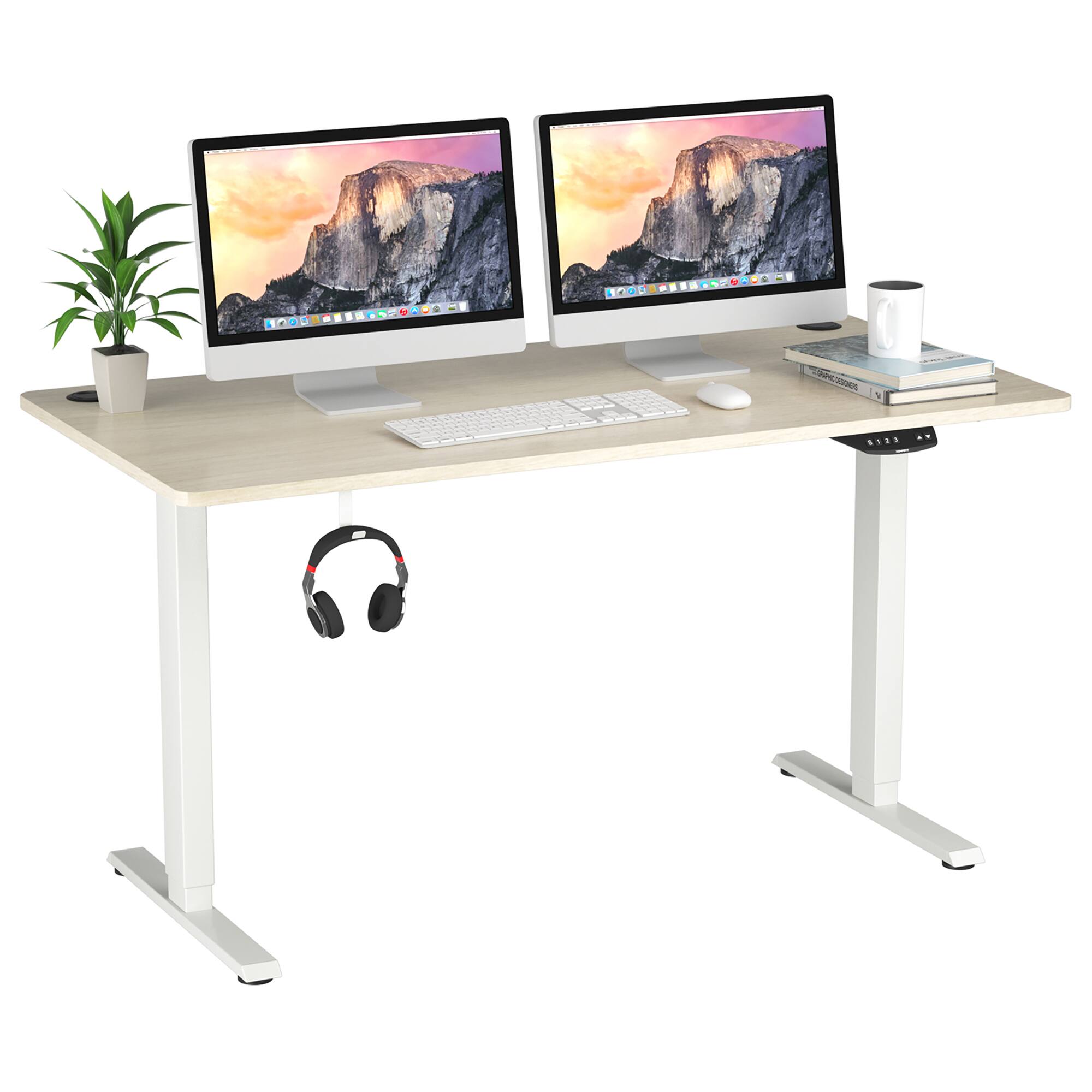 Costway - 55" x 28" Electric Adjustable Standing up Desk Dual Motor w/ Controller - White,Natural