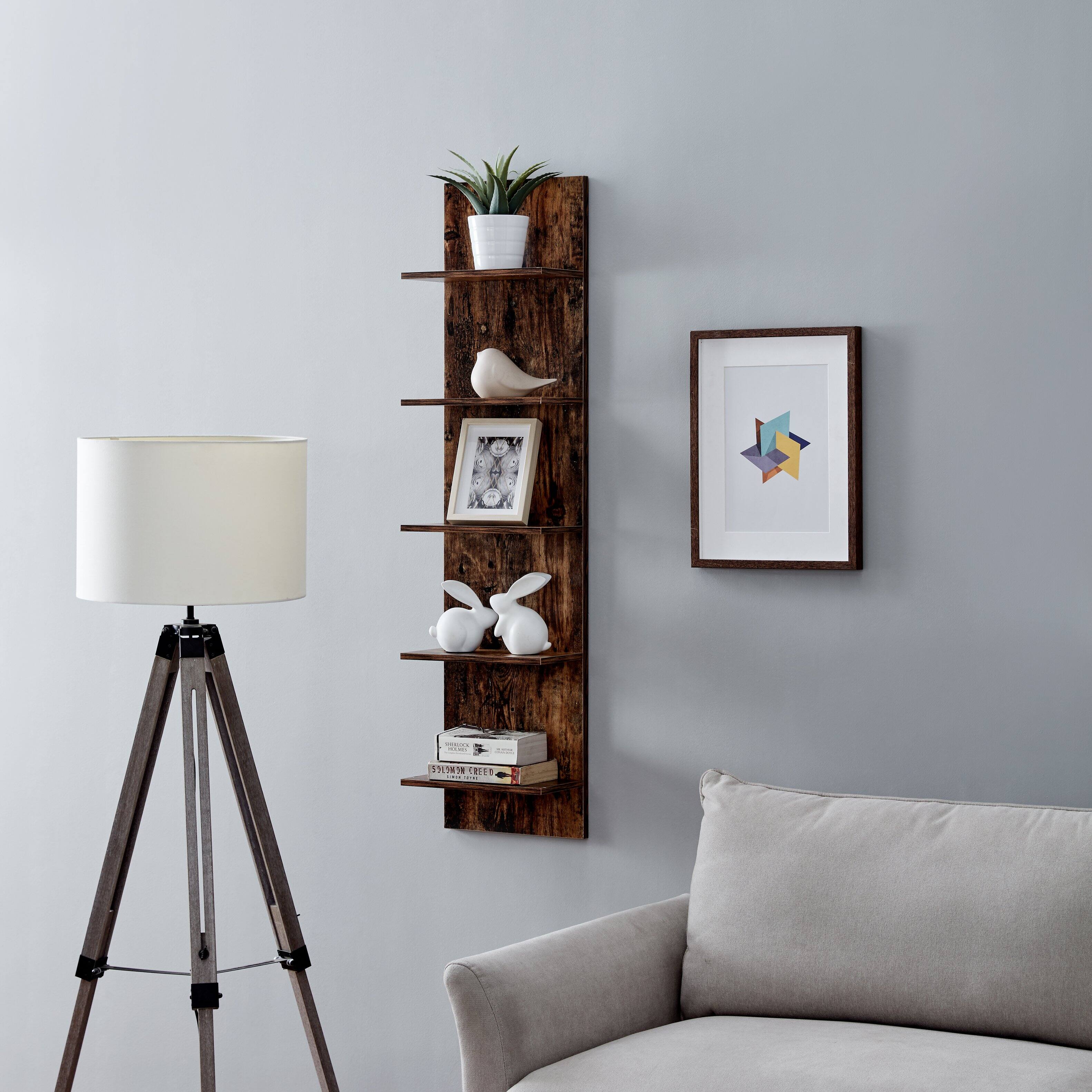 Left. Danya B - Five Tier Wide Column Wall Shelf - Pine - Brown.