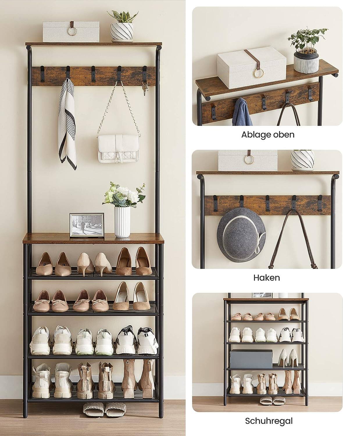 Ablage oben  
Haken  
Schuhregal
