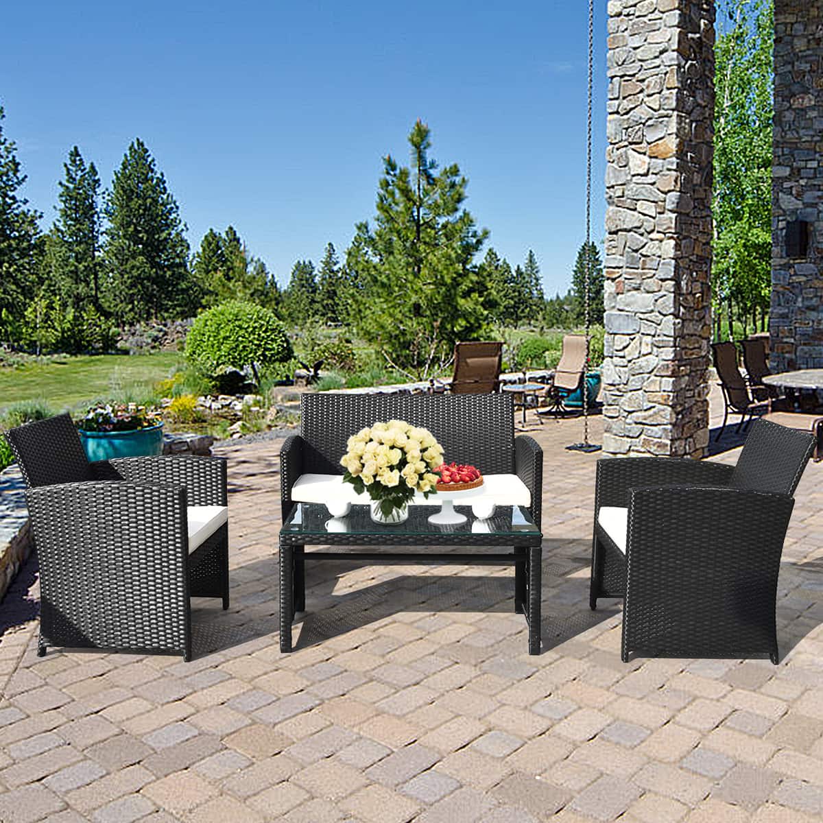 Gymax - 4PCS Rattan Patio Conversation Set Outdoor w/ Coffee Table Cushioned Sofa - Black price history on PriceWatchPro