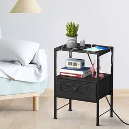 Oumilen - Nightstand with Charging Station & LED Light, Industrial End Table with Drawer & Shelf - Black