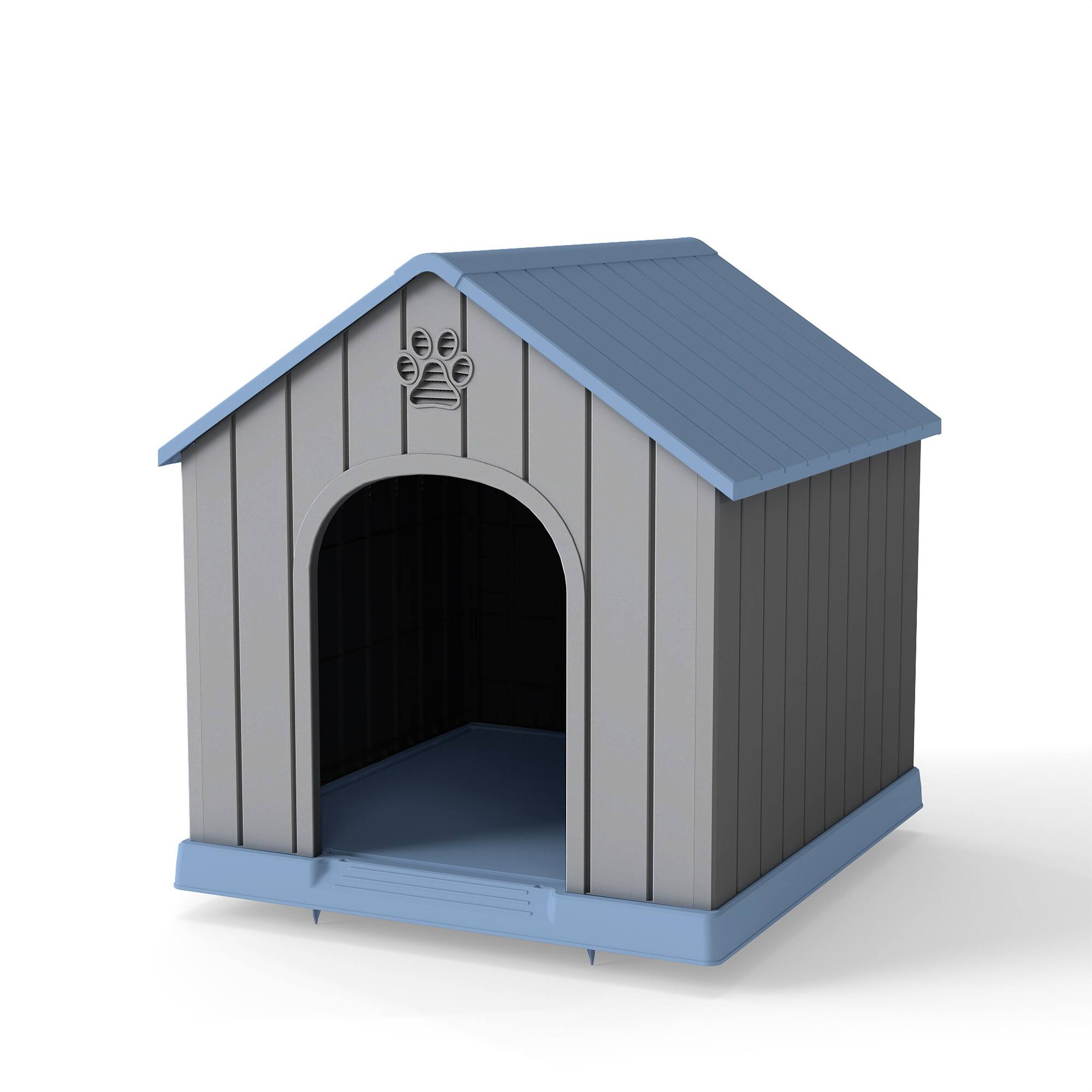 Front. Decksplore - Weatherproof Outdoor Dog House with Elevated Bed, All-Weather Resin Shelter for Yard, Patio & Garden.