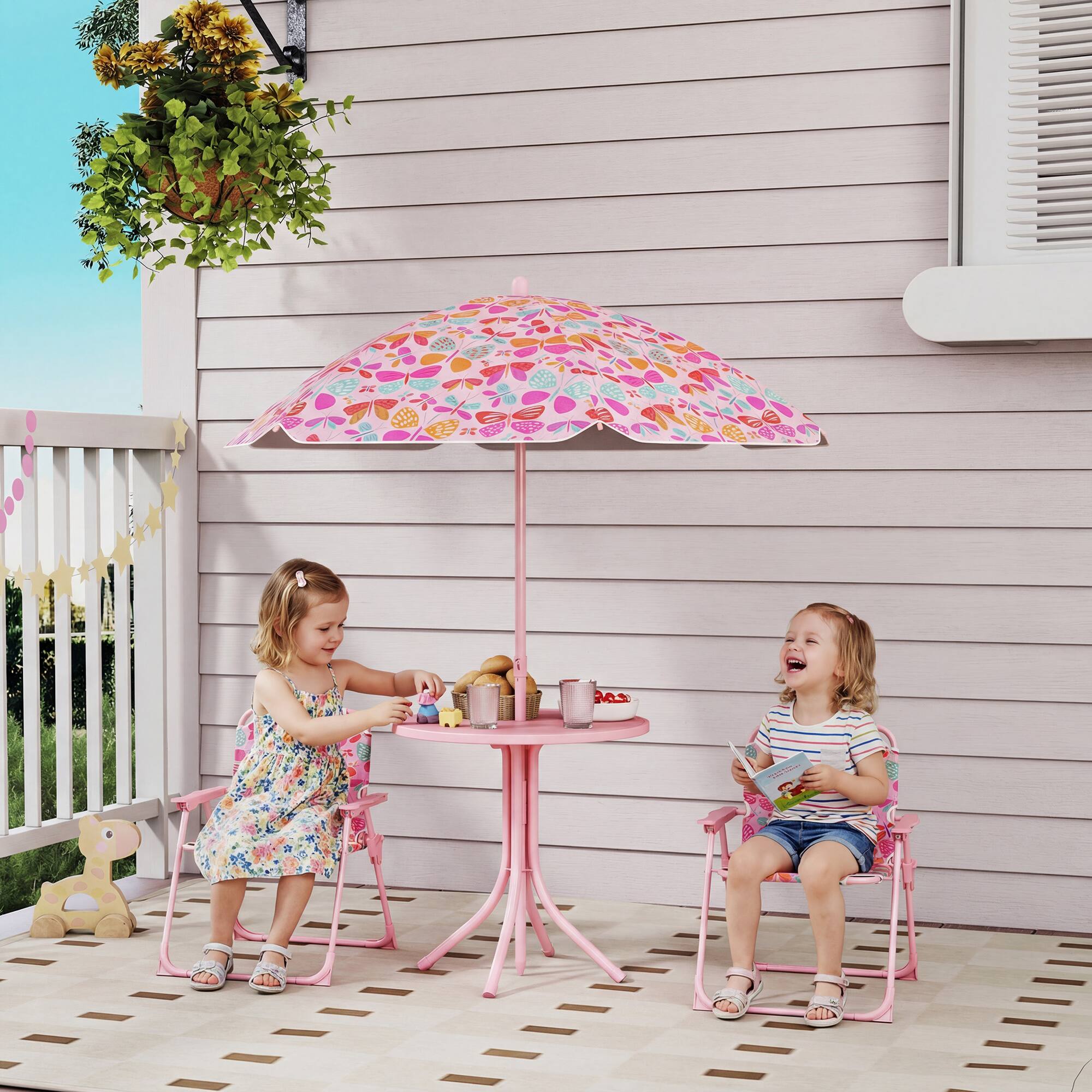 Alt View 1. Qaba - Picnic Table and Chair Set, Outdoor Table with Foldable Chairs - Pink.