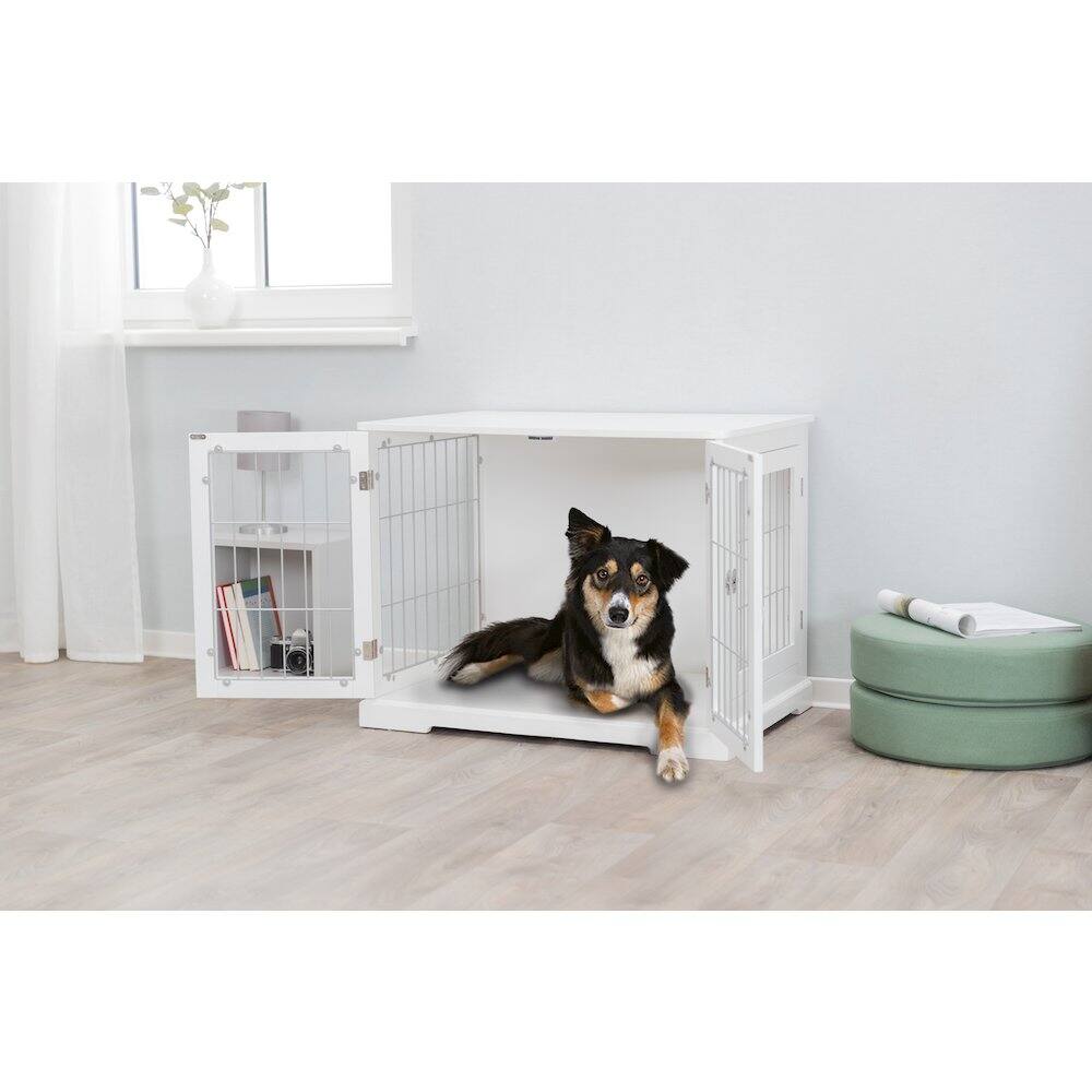Angle. TRIXIE - 32.7" Dog Crate, Wooden Indoor Kennel Furniture for Dogs Up to 50 lb - White.