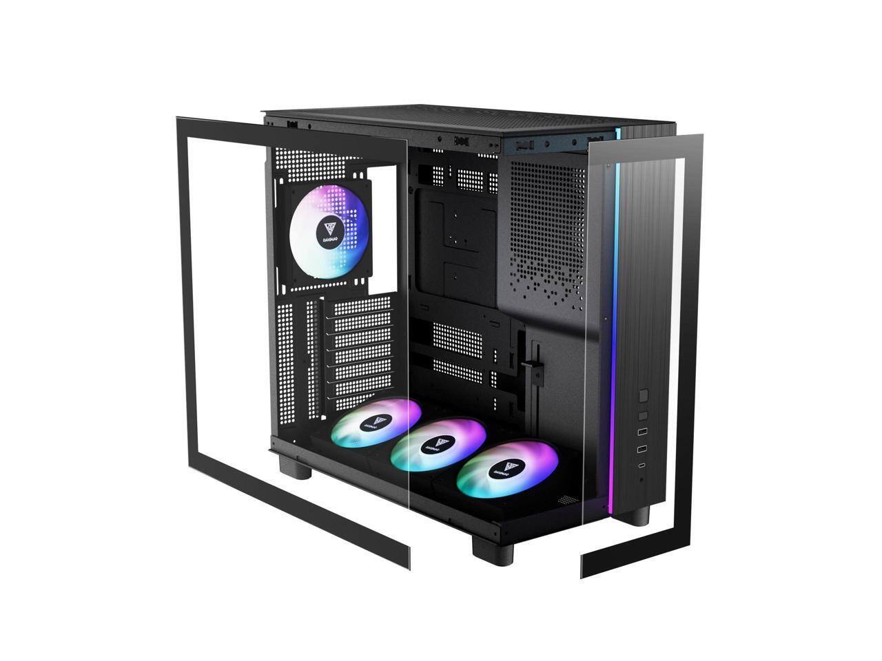 Left. GAMDIAS - Gamdias ATLAS M4 pc case ATX 4x120mm PWM ARGB fans, adjustable angle lower fan mount, Front-Mounted PSU Design - Black.
