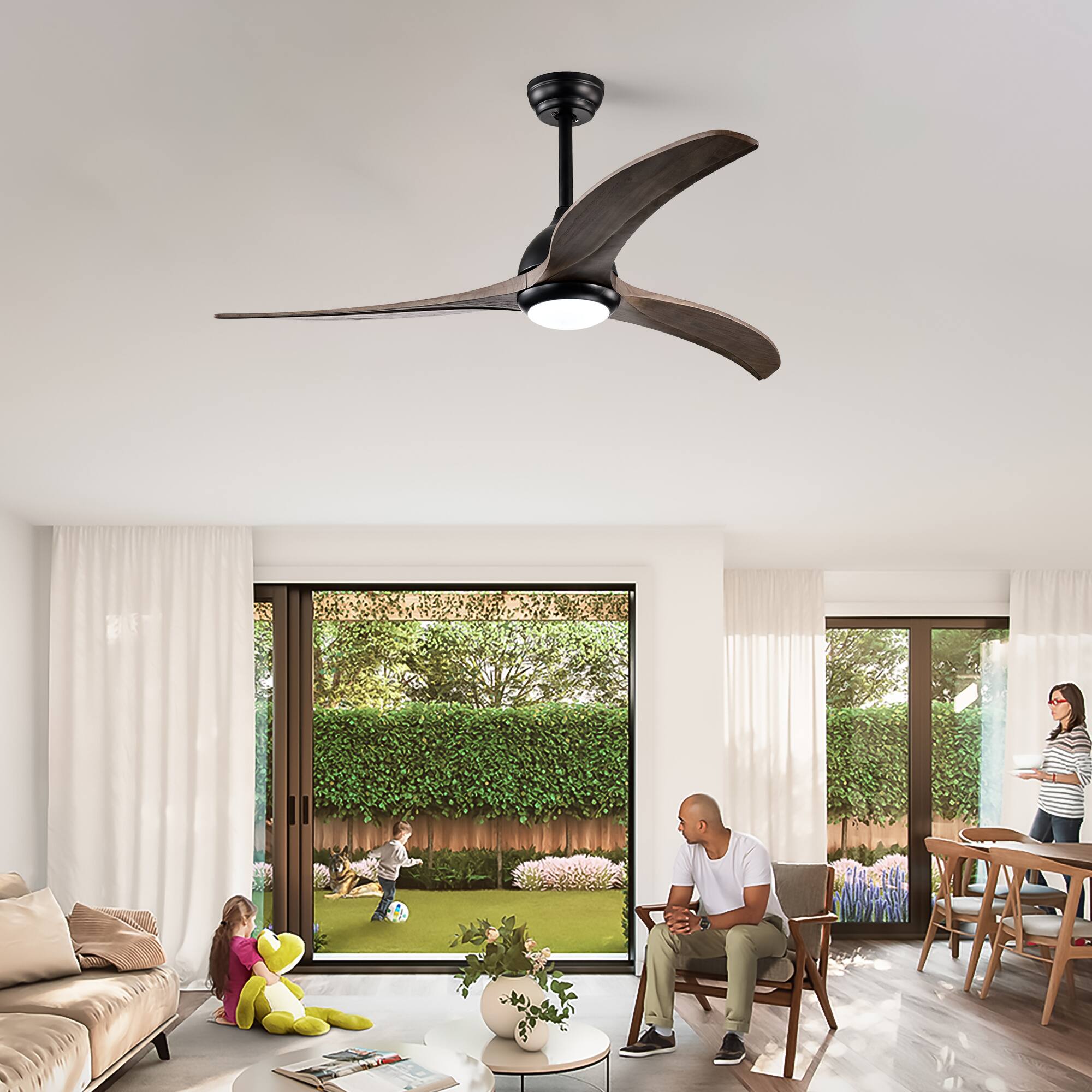 Alt View 4. Akoasm - 52" Solid Wood Indoor Outdoor Ceiling Fan with Light & Remote, Noiseless DC Motor, 3 Color Temperatures-Matte Black.