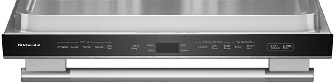 Sure, here is the corrected and grouped text from the image:
**KitchenAid**
**CYCLES**
- ProWash
- Tough
- Normal
- Express
- Rinse Only
- 1-24 Hr Delay
- Washing Drying
**WASH OPTIONS**
- Clean
- Sanitized
- Hi-Temp
- Sani Rinse
- Top 2 Racks
**DRY OPTIONS**
- ProDry
- ProDry Max
**START CANCEL RESUME DRAIN**