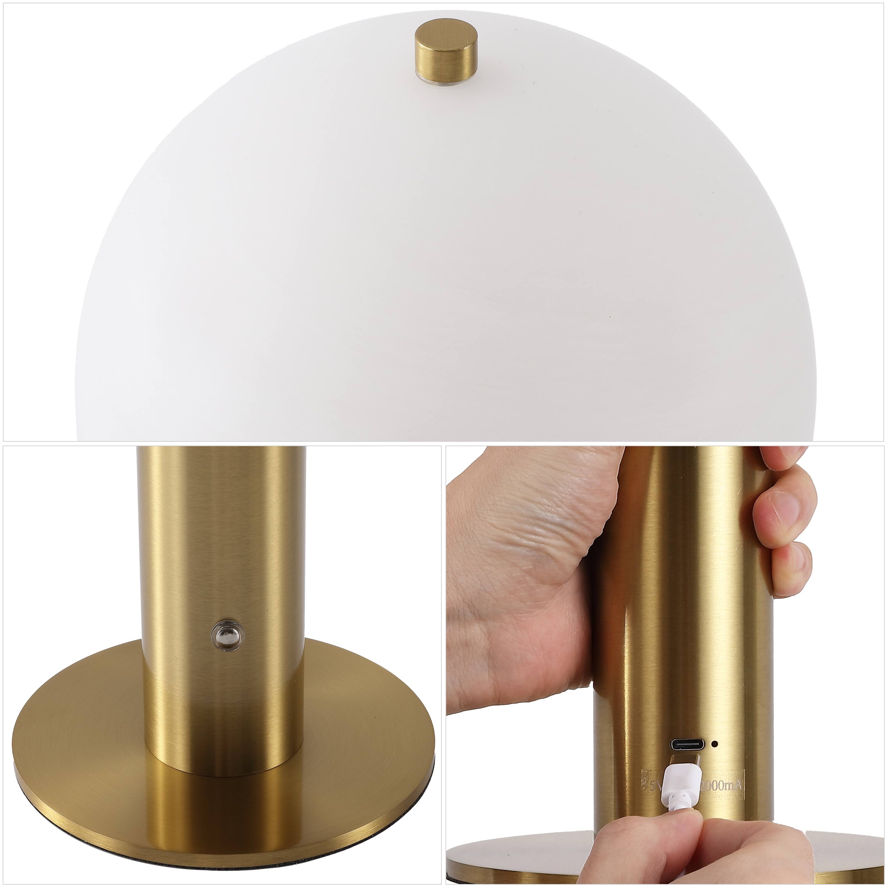 Alt View 4. Jonathan Y - Imani 12.25" Metal Rechargeable Table Lamp Set of 2, Brass Gold, White Glass Dome Shade, Touch Dimmable Cordless Light - Brass Gold.
