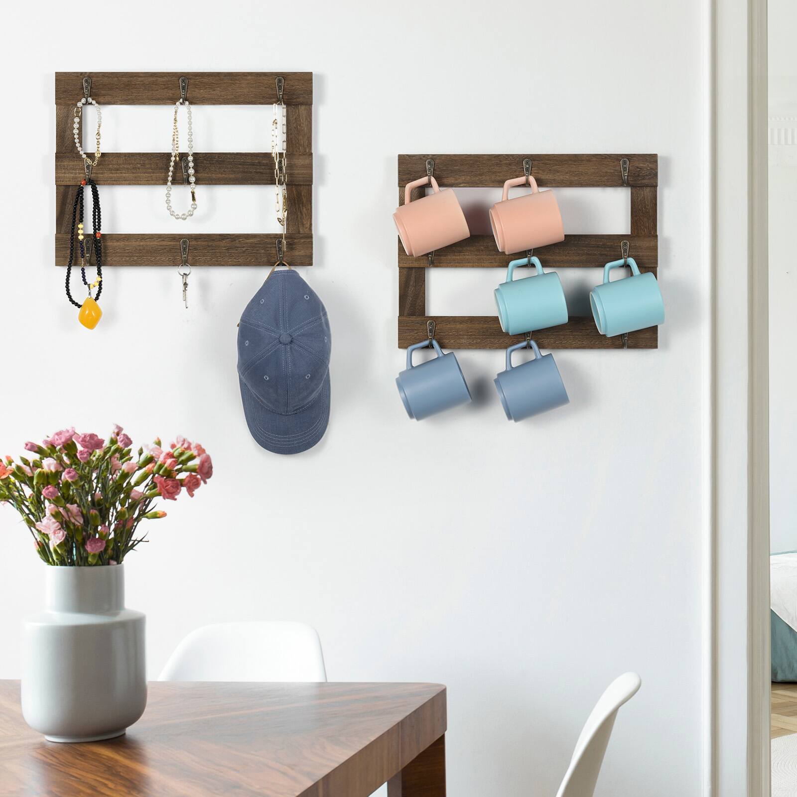 Alt View 1. Oumilen - Rustic Brown Wood Wall Mug Rack – 2 Pack Coffee Cup Holder with Metal Hooks for Kitchen Storage - Brown.
