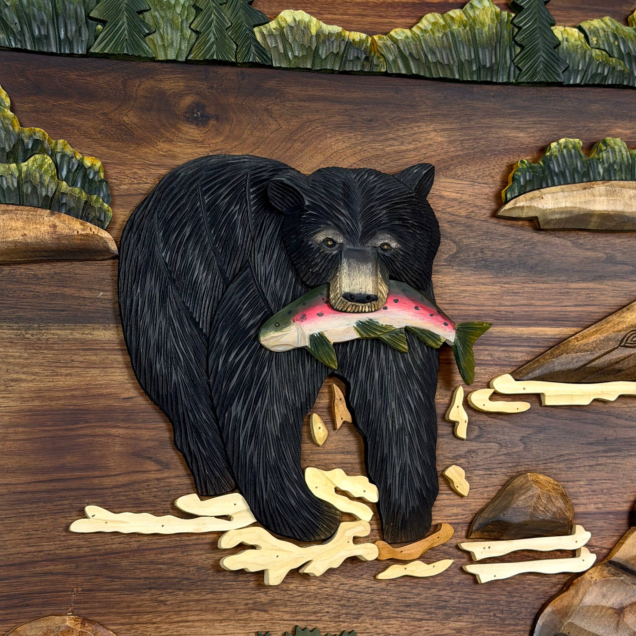 Alt View 8. Zeckos - Bear Fishing Wood Wall Sculpture 23.5in Rustic Intarsia Cabin Lodge Decor - Brown.