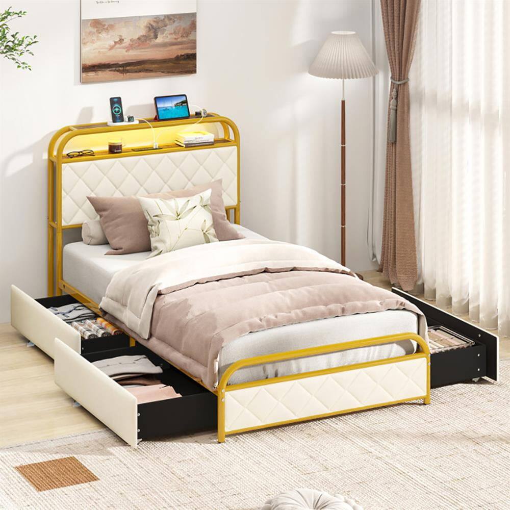 Alt View 5. Kadyn - Platform Bed Frame Bedroom Bed FrameTwinFullQueen Size Bed Frame with LED Lights and Charging Station GoldTwin Size - Golden-Twin.