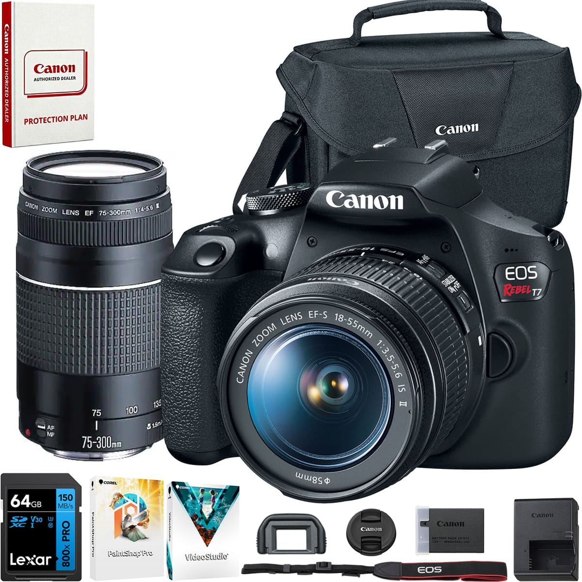 Canon - EOS Rebel T7 DSLR Camera + EF18-55mm + EF 75-300mm Lens Kit + Accessories Bundle