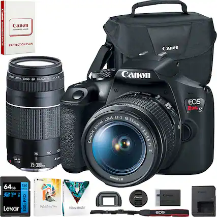 Canon Authorized Dealer Protection Plan
Canon Zoom Lens EF 75-300mm 1:4-5.6
Canon AF Zoom Lens EF-S 18-55mm 1:3.5-5.6 IS II
Canon EOS Rebel T7
64GB Lexar 800x SDHC UHS-I Card
Canon Battery Pack LP-E17
Canon USB Cable
Canon Lens Hood
Canon Lens Cap
Canon Camera Bag
PaintShop Pro
VideoStudio