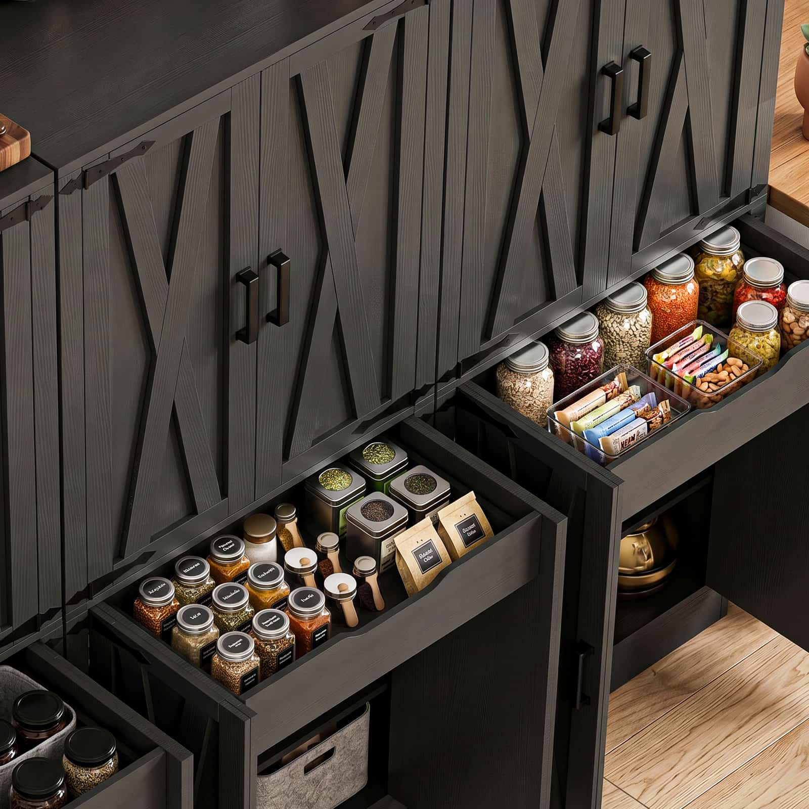 Alt View 3. Aheaplus - 71'' Tall 4 Door Farmhouse Pantry Cabinet with Drawer and Adjustable Shelves, 70.8'' Width Food Cupboard, 3 Packs - Black.
