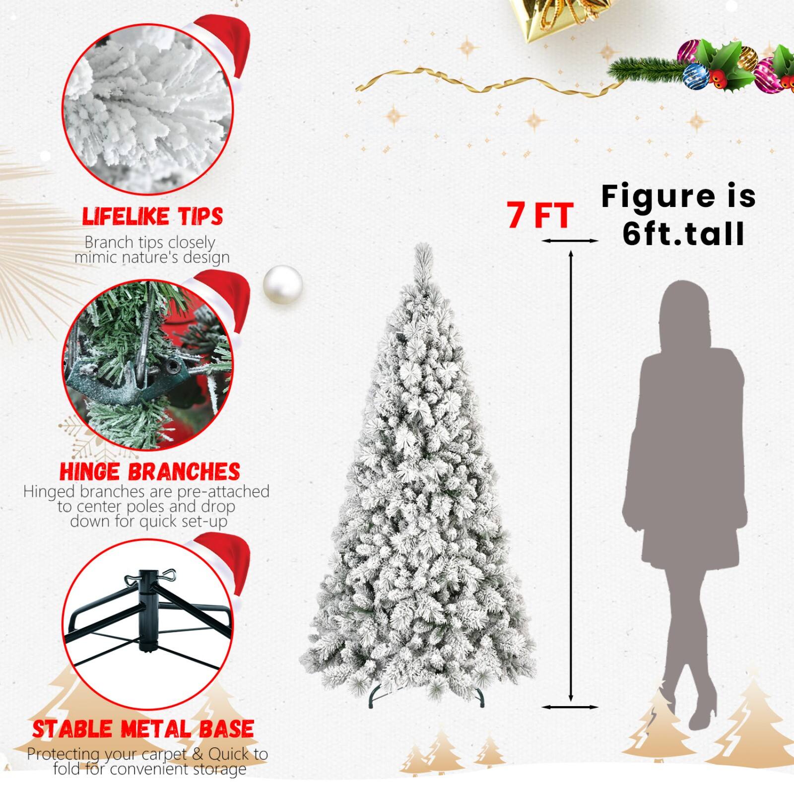 LIFELIKE TIPS  
Branch tips closely mimic nature's design  

HINGE BRANCHES  
Hinged branches are pre-attached to center poles and drop down for quick set-up  

STABLE METAL BASE  
Protecting your carpet & Quick to fold for convenient storage  

7 FT  
Figure is 6ft.tall