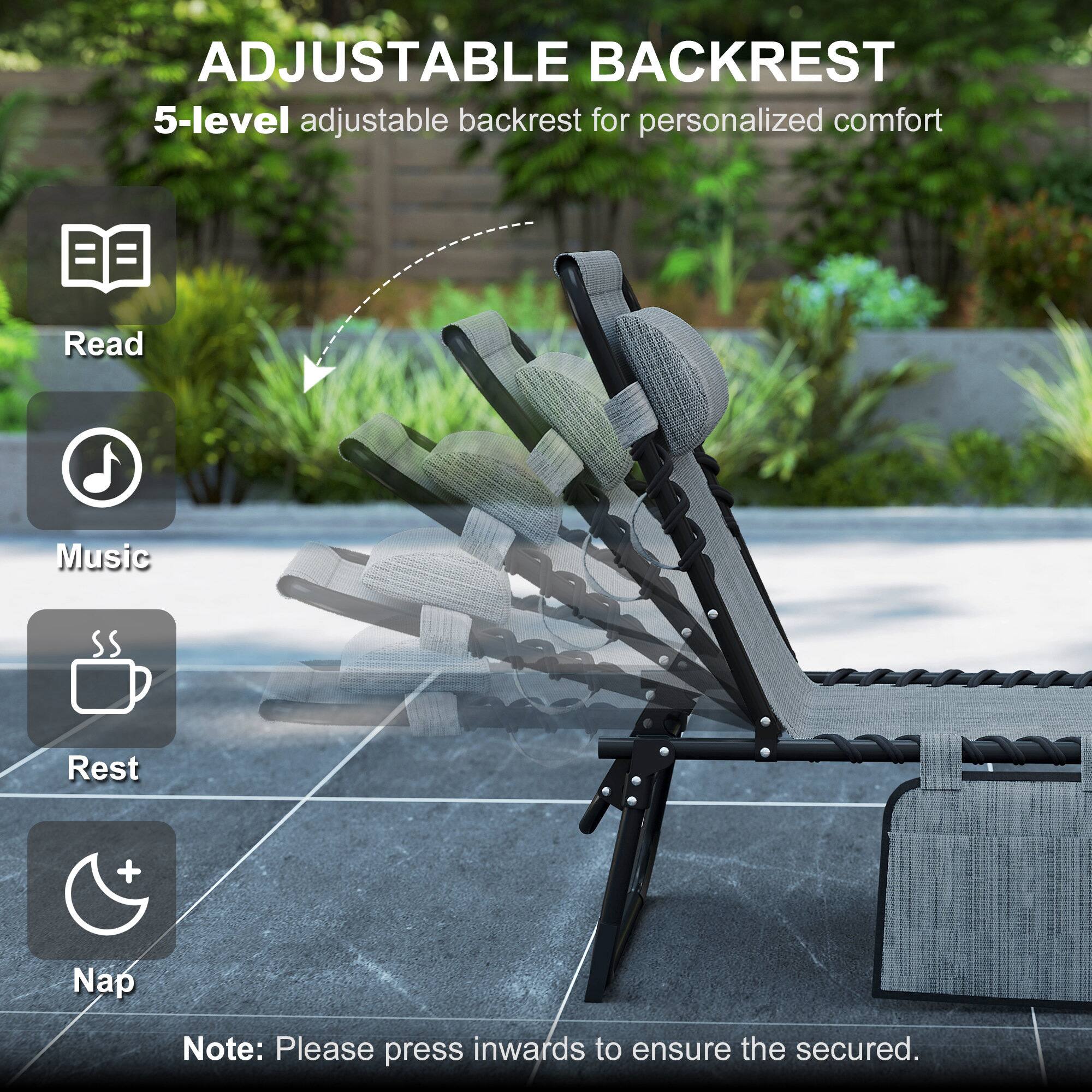 ADJUSTABLE BACKREST  
5-level adjustable backrest for personalized comfort

- Read
- Music
- Rest
- Nap

Note: Please press inwards to ensure the secured.